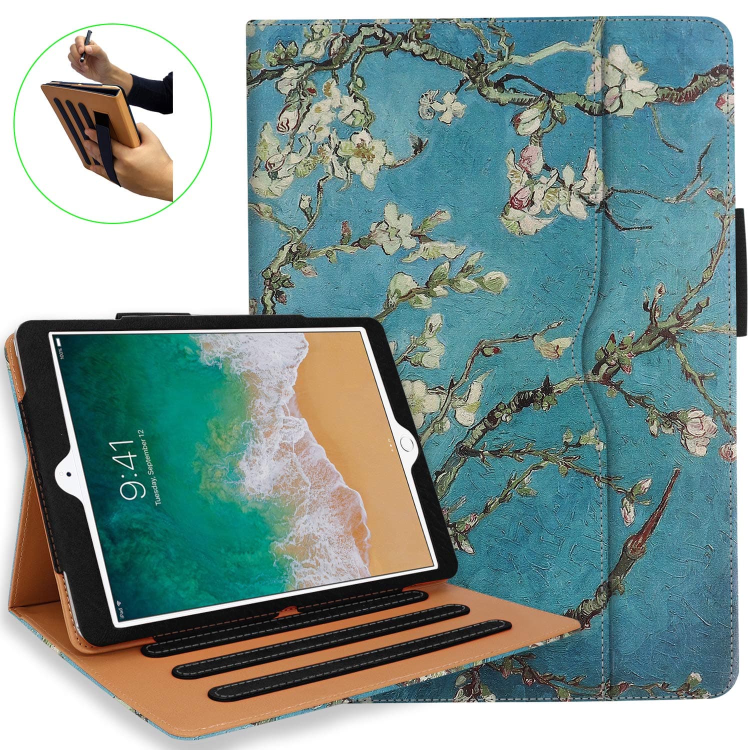 iPad 5th 6th Generation Case with Hand Strap and Document Pocket - iPad 9.7 inch 2018 2017 Cover - Multi-Angle Stand, Auto Sleep Wake, Shockproof - A1822 A1823 MR7F2LL/A MR7F2LL/A(Pear Flower)