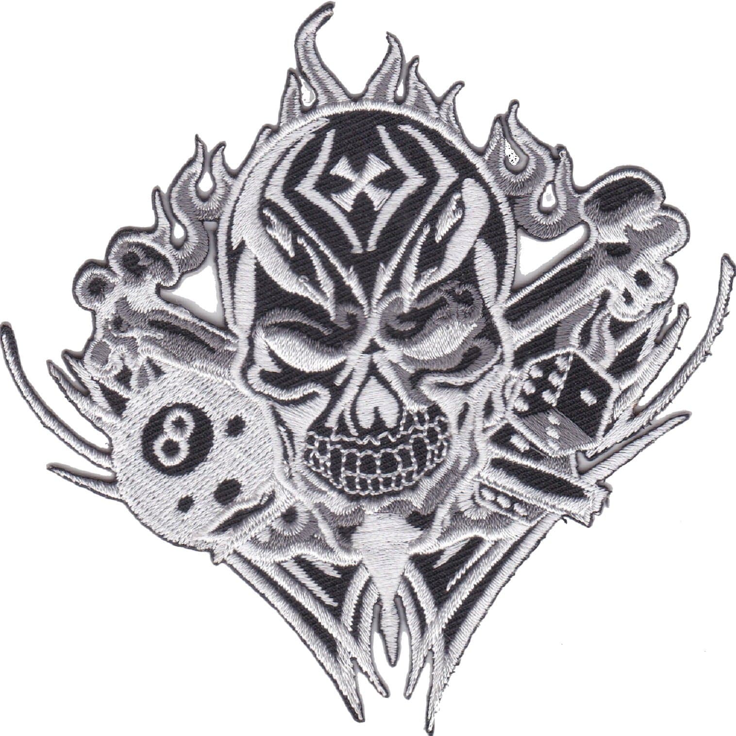 Iron on Patch Sew on Embroidered Application skull and bones black eight cross dice Biker