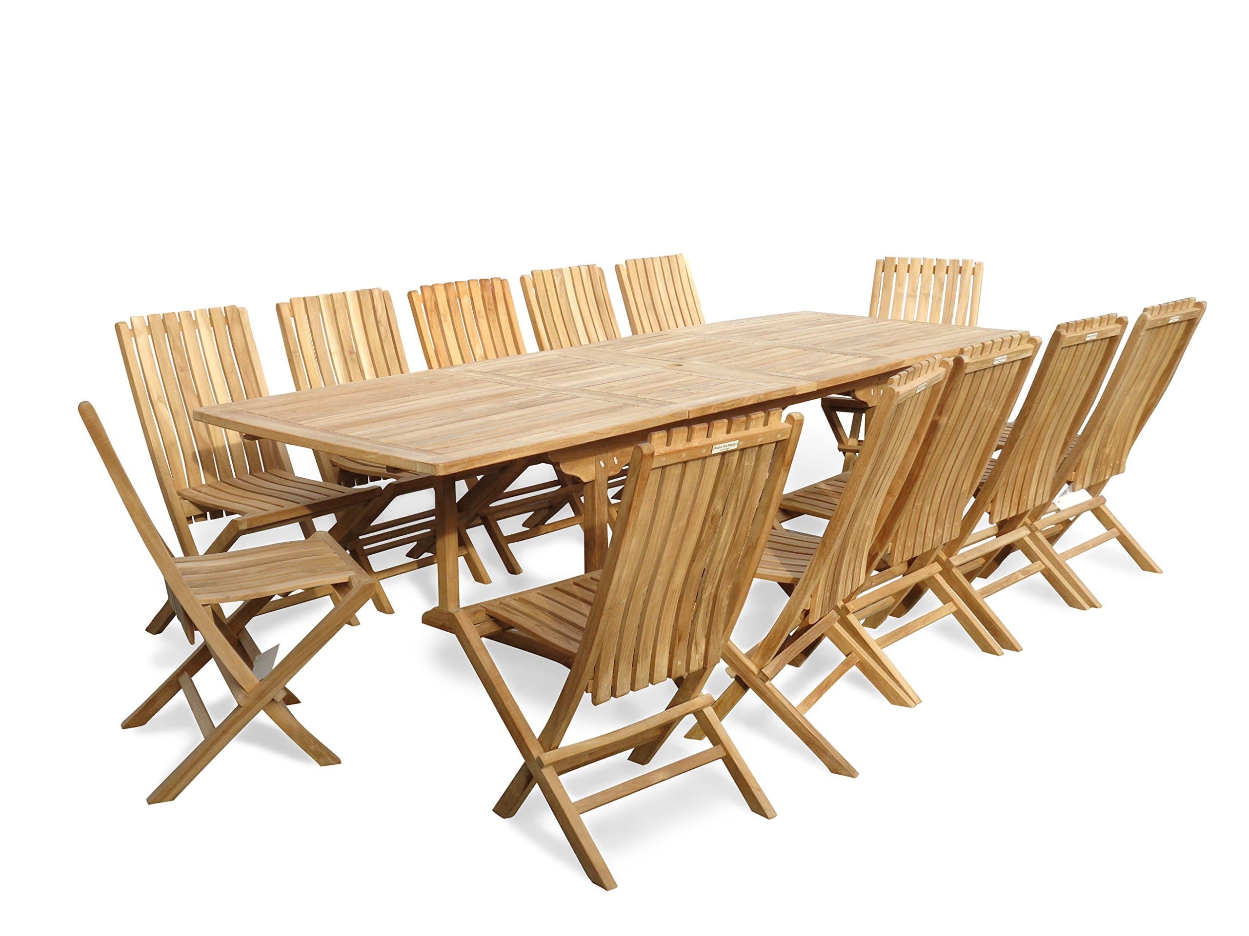 Windsor's Premium Grade A Teak 108"x39" Rectangular Double Extension Table w/12 Java Folding Chairs w/Lumbar Support Back, 5 Yr Wrty, World's Best Outdoor Furniture! Teak Lasts A Lifetime!
