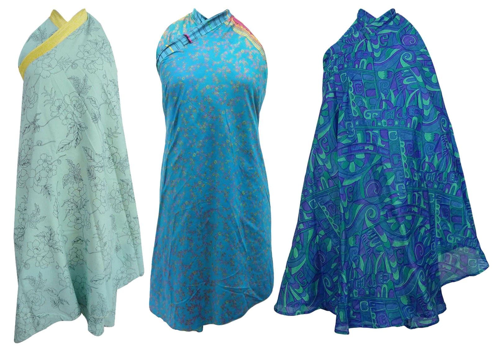3 x Pure Silk Assorted Single Layer Wrap Around Hippie Magic Skirt Shade of Blue