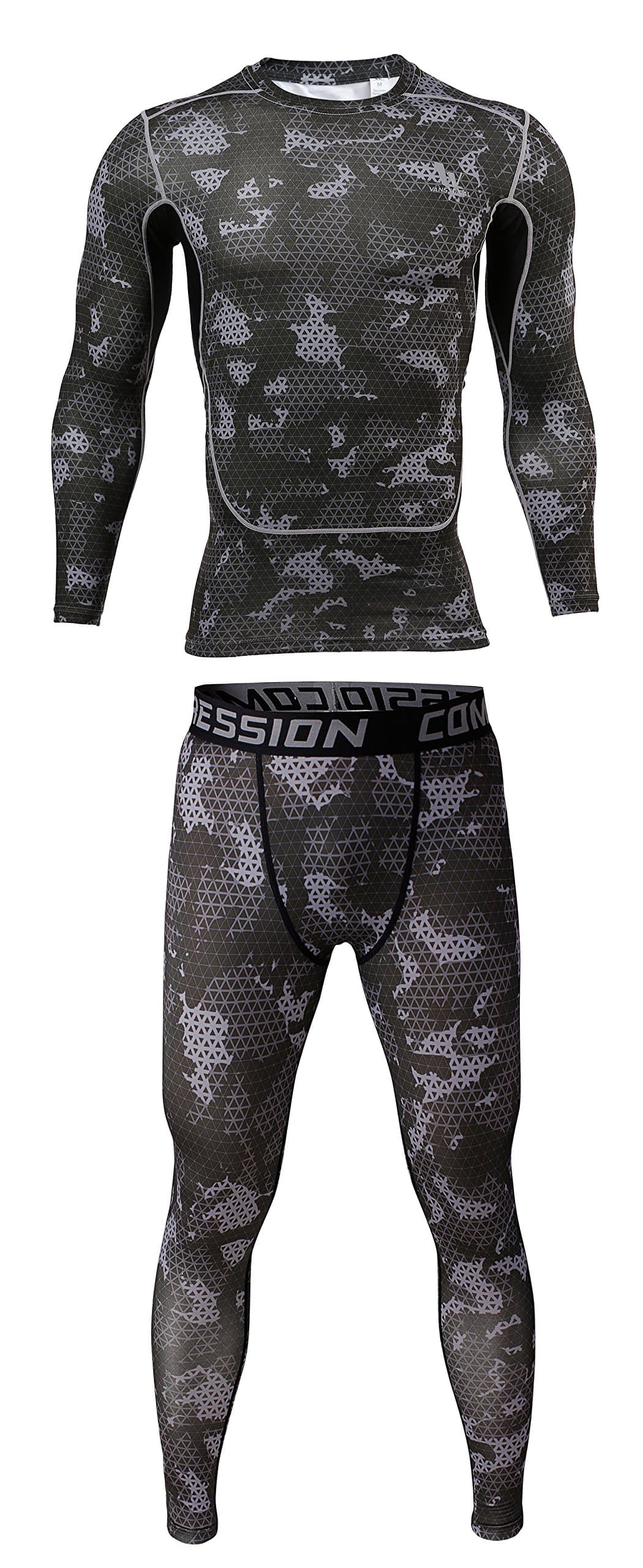 Fringoo ® Men Compression Set Workout Training Base Layer Shirt + Tights Running Skin Fit Thermal Top Stretchy Gym Fitness Leggings S/M/L/XL