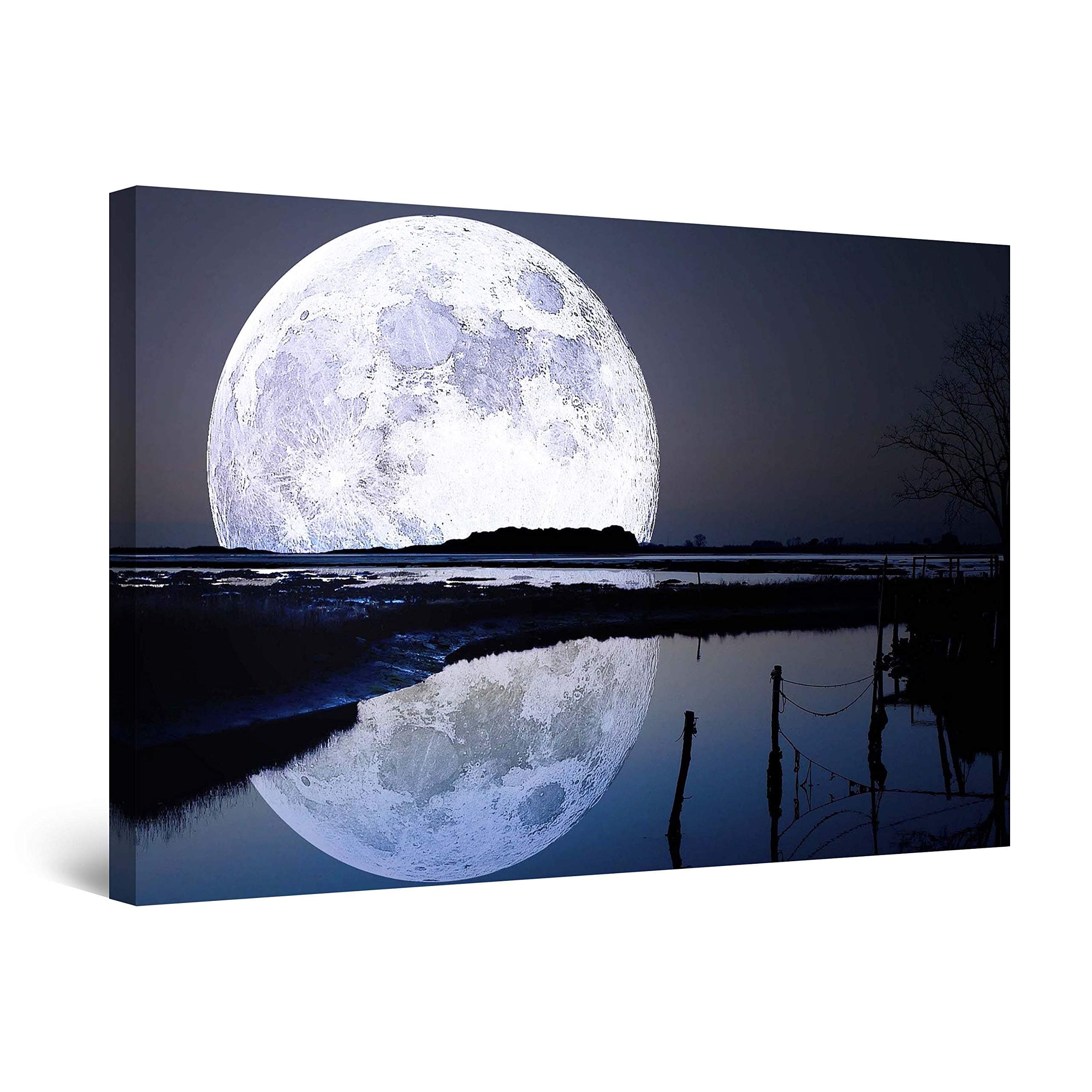 StartonightWall Art Canvas Full Moon Water Reflection, Sky Framed 60 x 90 CM