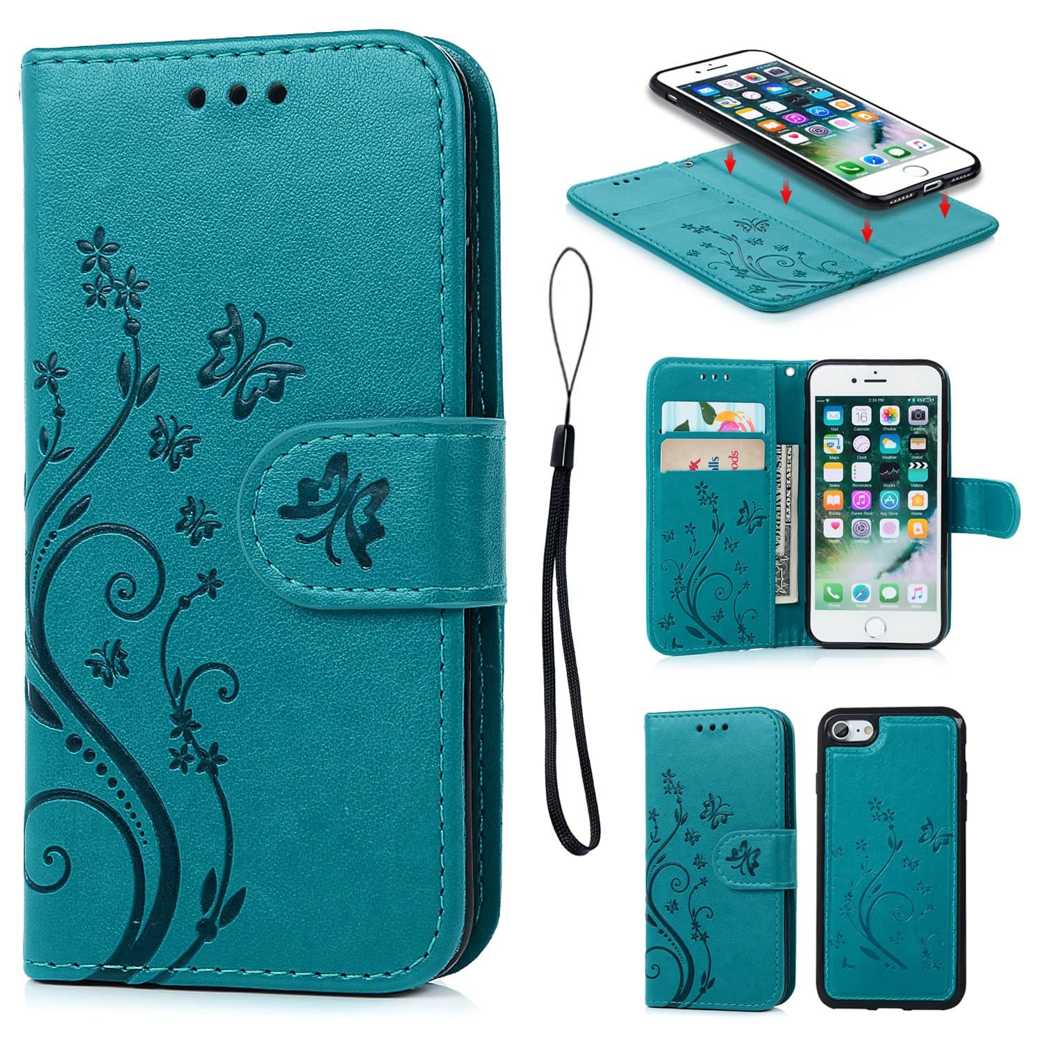 iPhone 7 Case, Pincenti iPhone 7 Wallet Case PU Embossed Butterfly Flower Leather Detachable Wallet with Card Holder and ID Slot Cover for iPhone 7 4.7 Inch (Blue)