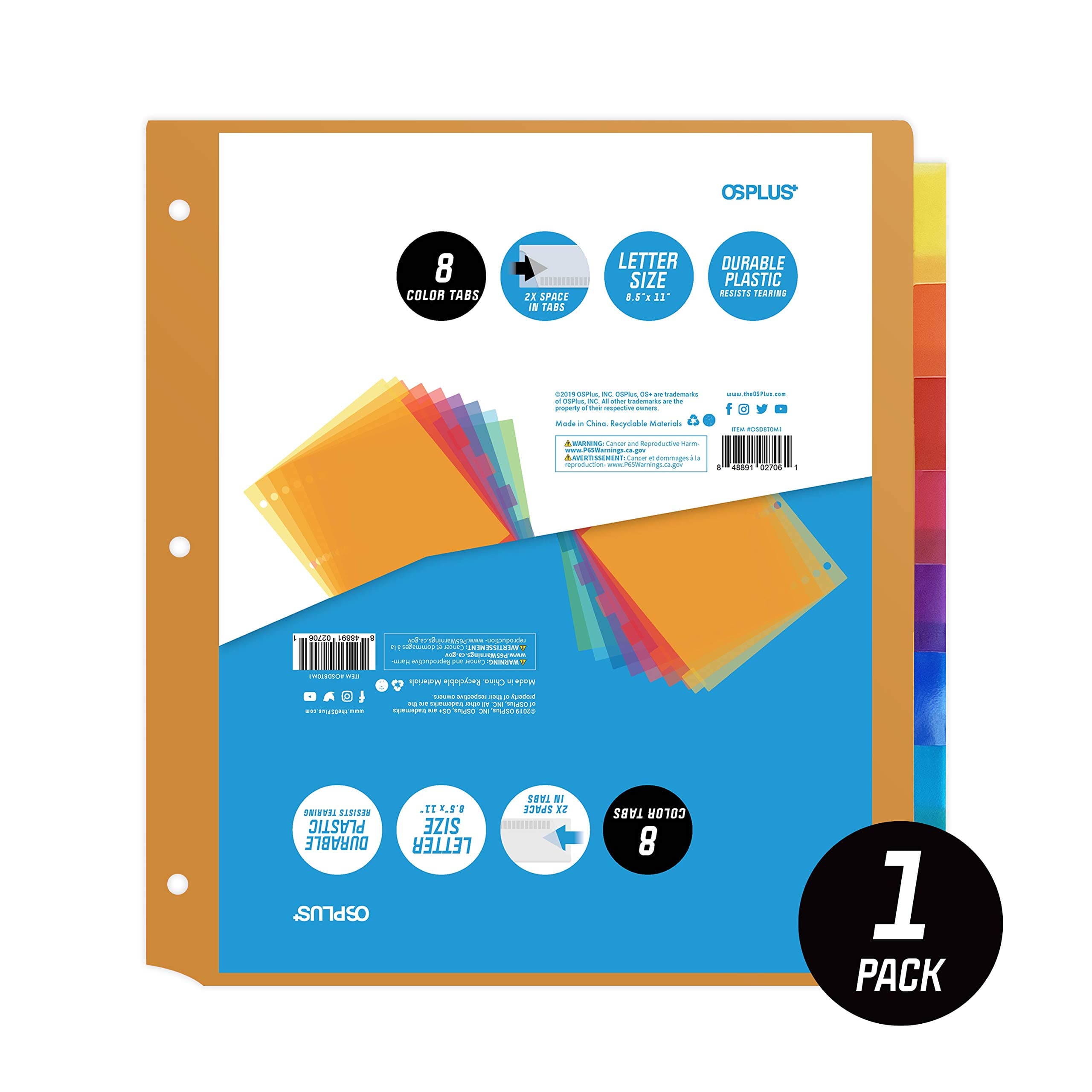 OS Plus 8-Tab Plastic Binder Dividers, Insertable Multicolor Big Tabs, 1 Set