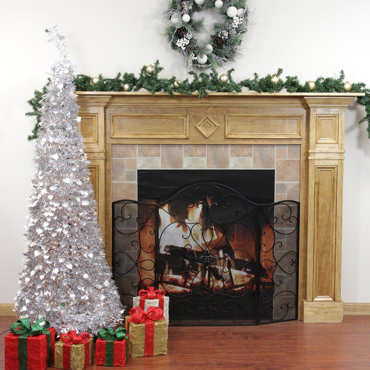 Rich Pacific 6' Pre-Lit Slim Pop Up Silver Tinsel Artificial Christmas Tree - Clear Lights