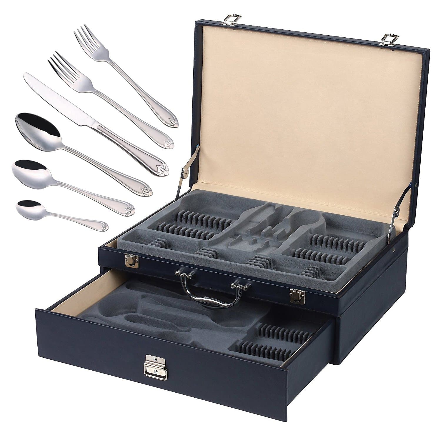 Italian Collection 'Lorena Platinum' 84-Pc Flatware Set w/Leather Storage Case, Dining Cutlery Service for 12, 24K Gold plated 18/10 Stainless Steel Hostess Serving Set in a Chest