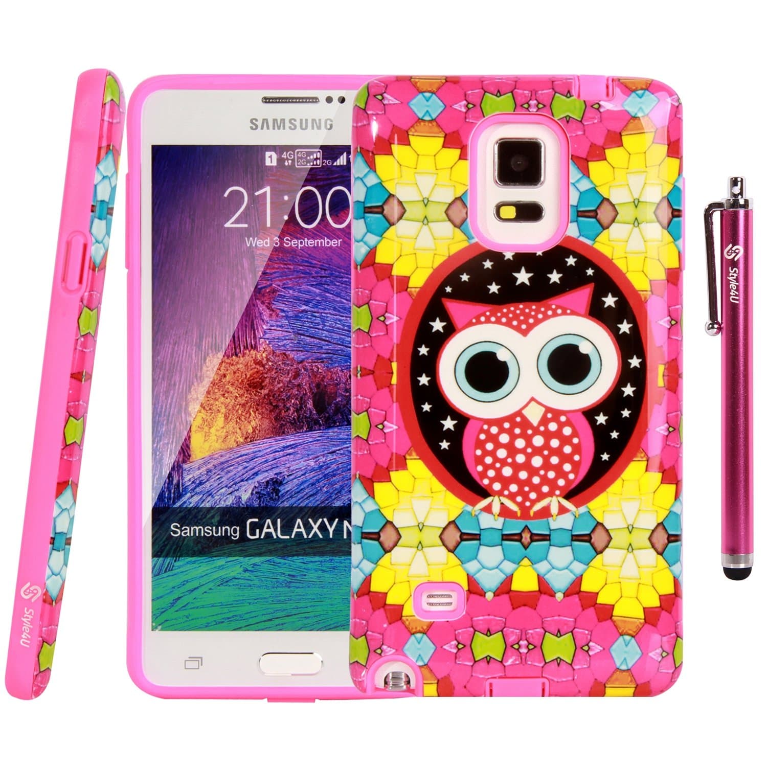 Note 4 Case, Style4U Galaxy Note 4 Cute Owl Design Slim Fit Hybrid Armor Case for Samsung Galaxy Note 4 with 1 Stylus and 1 HD Clear Screen Protector [Owl Hot Pink]