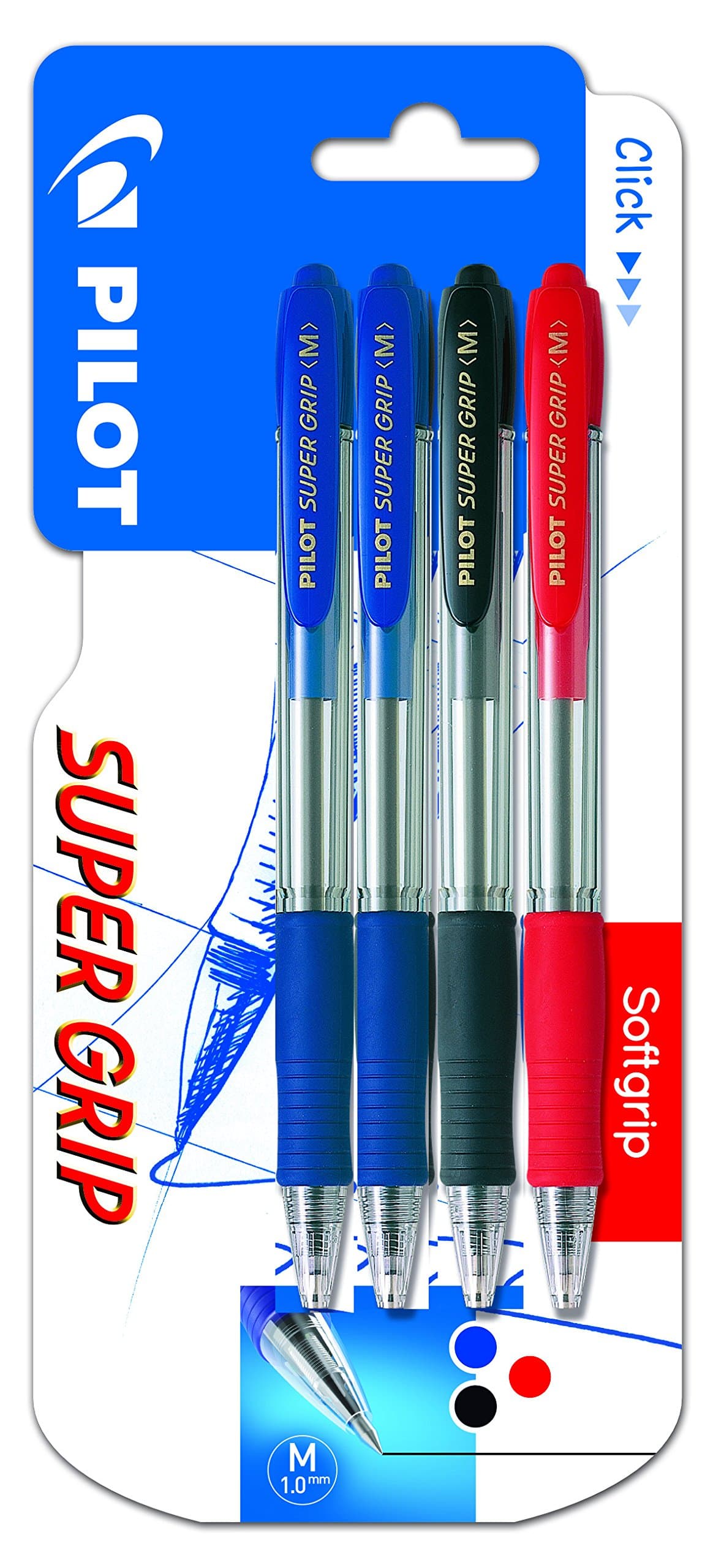 Pilot Spain Super Grip Retractable Rollerball Pen with Oil-Based Ink - Pack of 4