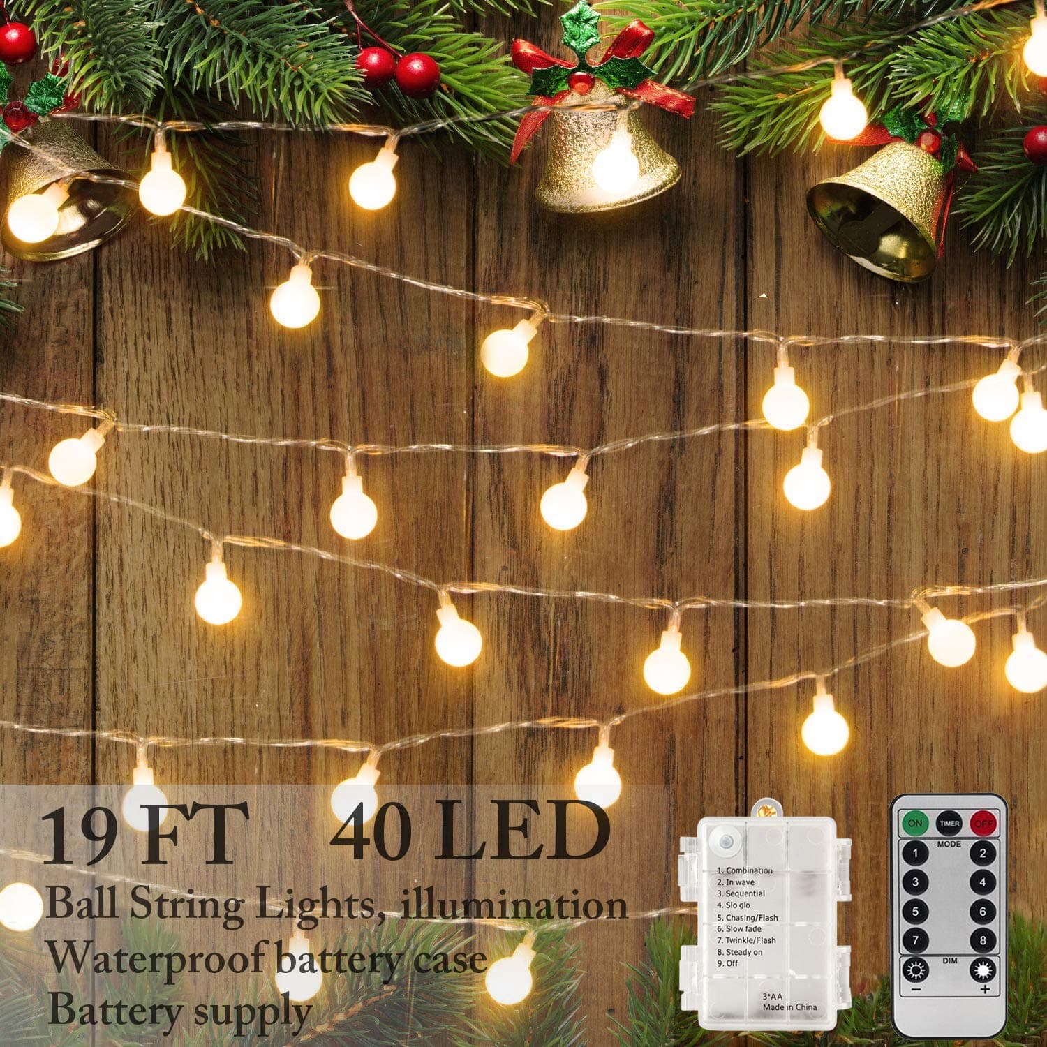 String Light Battery Operated, Remote Control Ball String Lighting for Bedroom, Outdoor Globe String Light for Garden Tree Party Wedding, 20Ft 40 LED Starry Light Waterproof, 8 Modes, White Warm