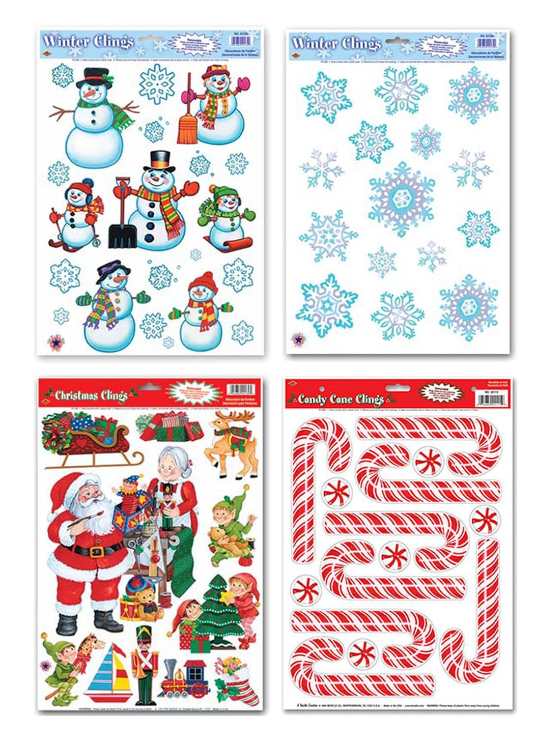 Christmas Window Cling Decorations - 4 Large Sheet Sets Featuring Santa, Snowmen, Snowflakes, Candy Canes and More