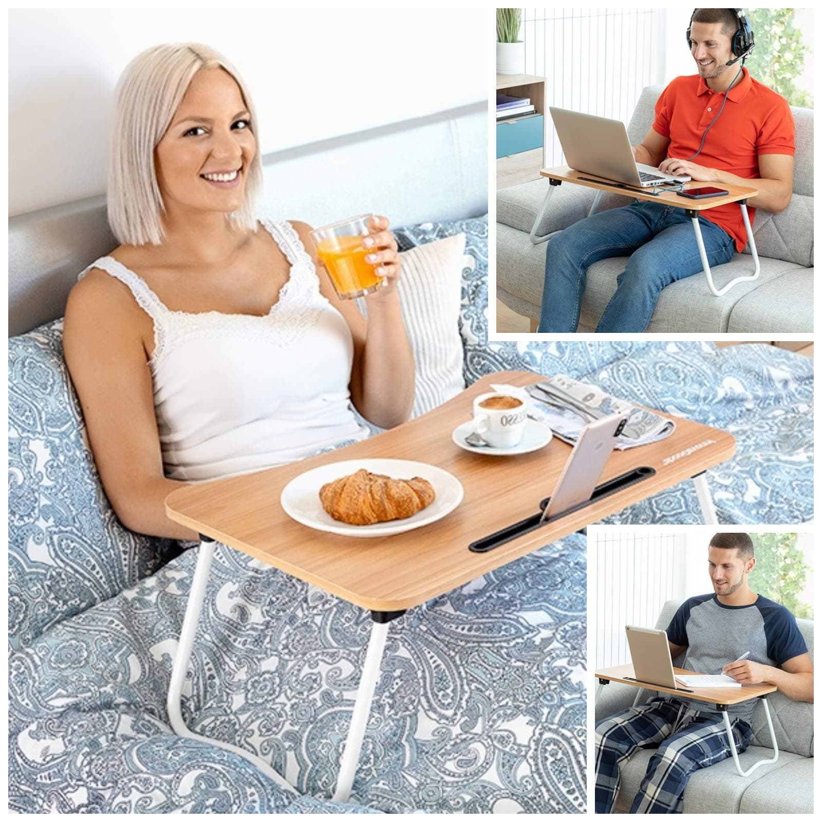 Laptop Bed Tray Table, Foldable Lap Desk Stand with Ipad, Multifunction Lap Tablet Perfect for Eating Breakfast, Reading Book, Working, Watching Movie on Bed Couch Sofa Floor, Light Brown