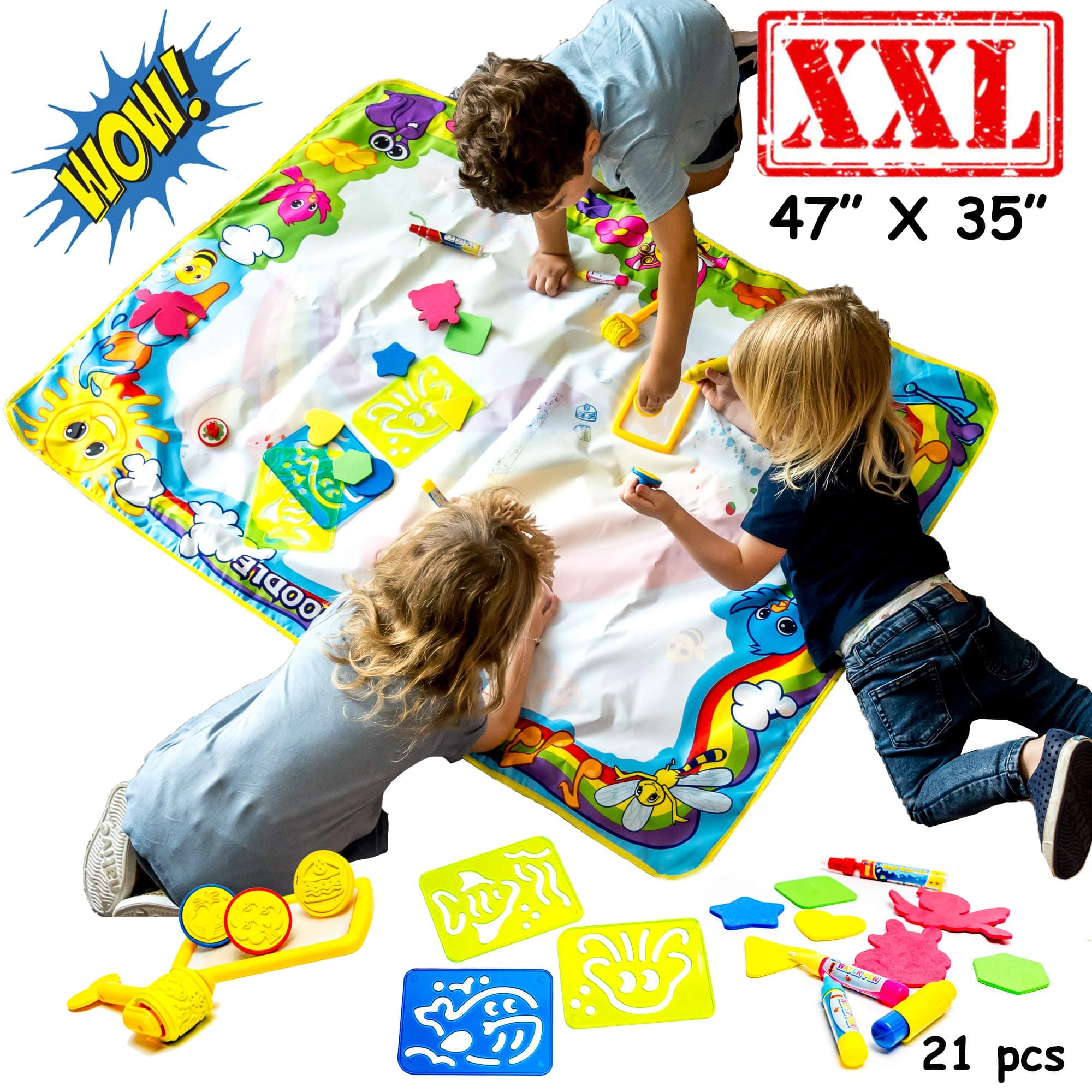 Aqua Magic Doodle Mat | Extra Large Educational Water Doodle Mat Size 47”x 35” Big Enough for 3-4 Toddlers, kids Painting Board toys with Extra Pens Stamps & Drawing Accessories Boys Girls Age 3 4 5