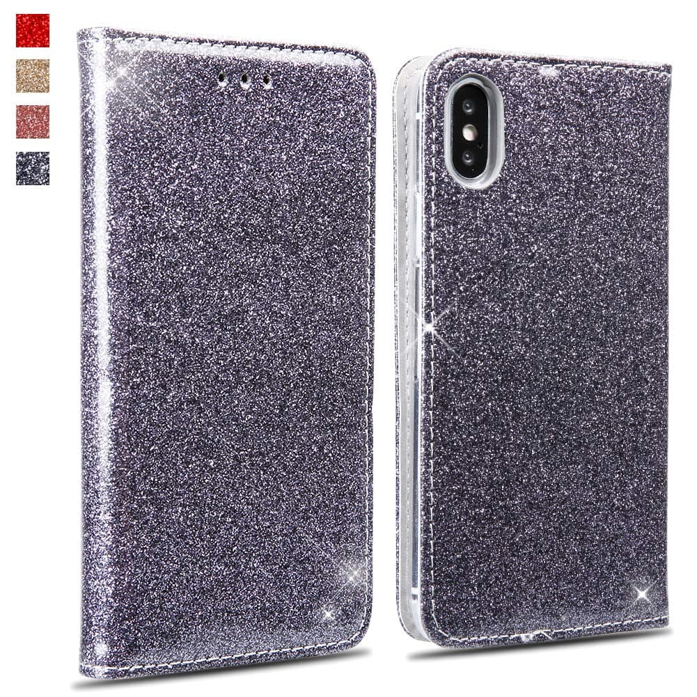 OKZone Case for iPhone XS Max Case glitter, Bling Glitter Sparkly PU Leather Flip Wallet [Card Slot] [Stand Function] [Magnetic Closure] [Inner Soft TPU] Folio Case For iPhone XS Max (Silver)