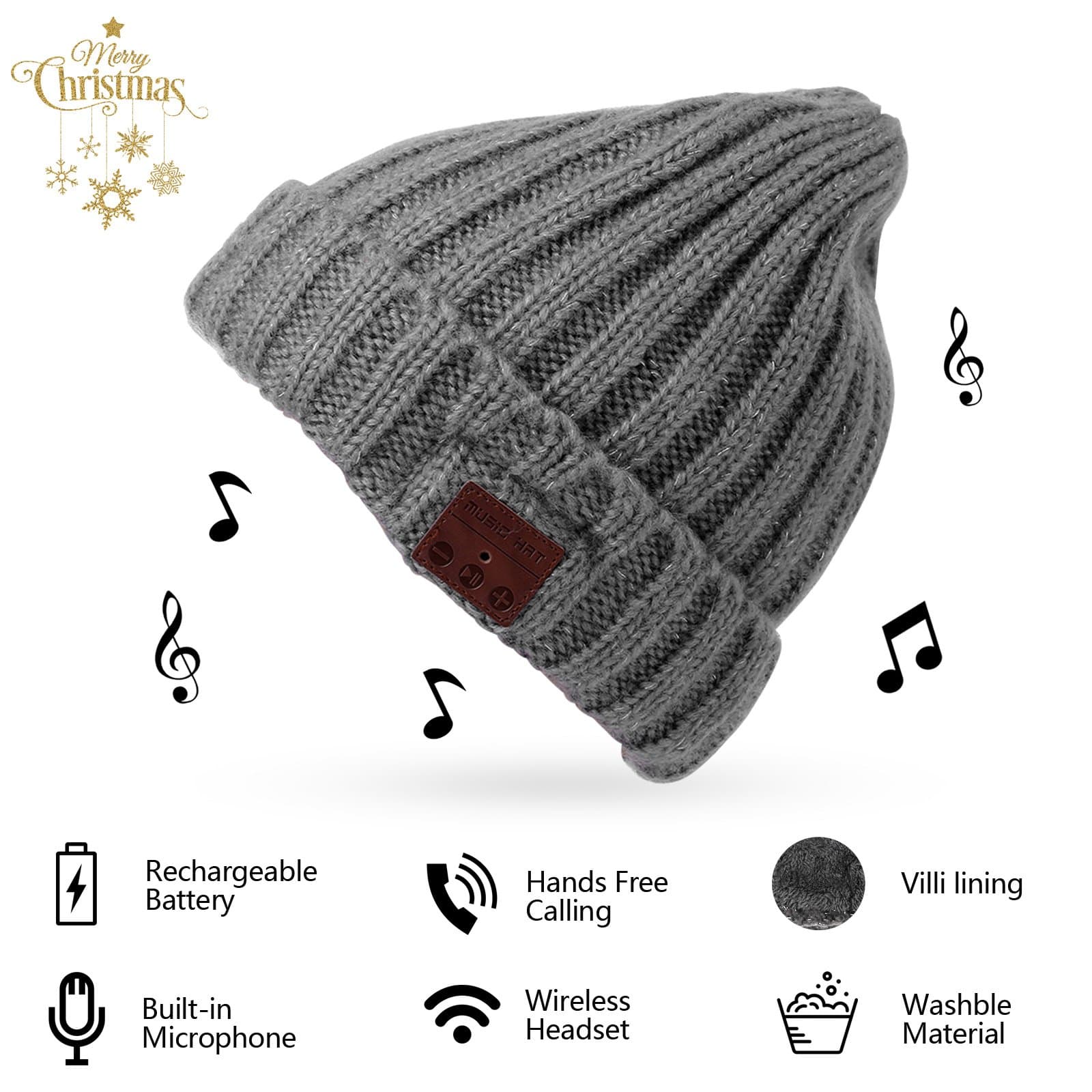 Bluetooth Hat Bluetooth Beanie Smart Hat Built-in Stereo Speaker Mic Wireless Headphones Beanie Sync Call Music for All Smart Phones Gift Men Women Boys Girls Boyfriend (Grey)