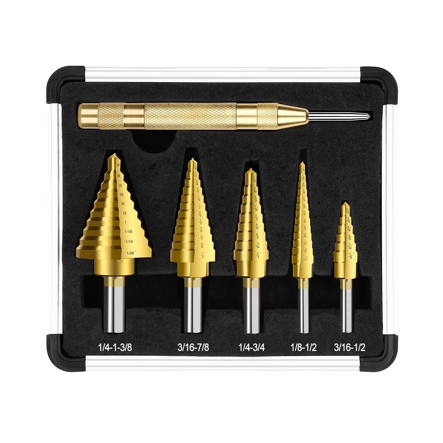 Step Drill Bit Set & Automatic Center Punch,High Speed Steel Double Cutting Blades Design with Aluminum Case |5-Piece Set| Total 50 Sizes