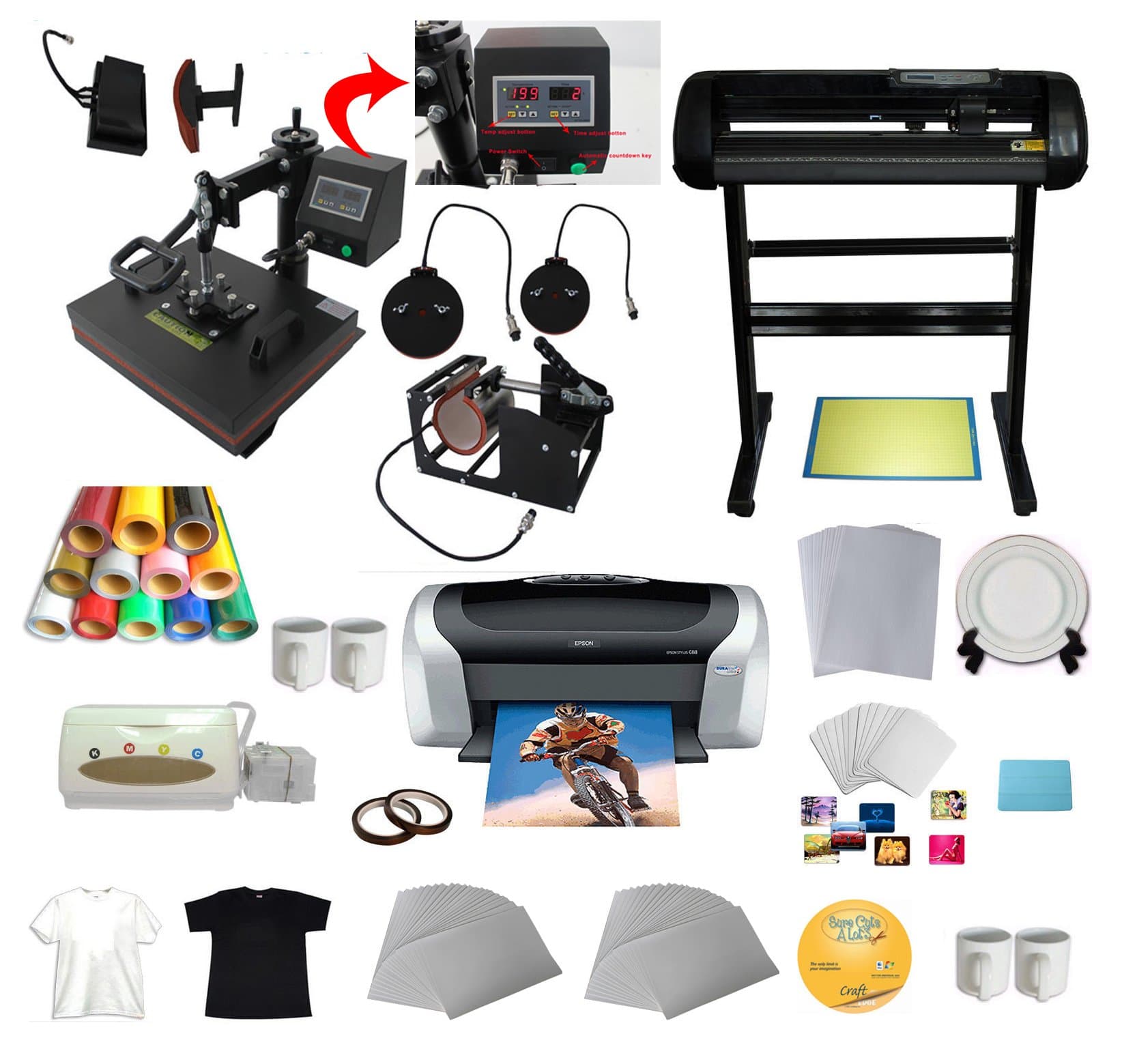 Techtongda 24'' Vinyl Cutter Plotter 5In1 Heat Press Machine Epson C88 Printer CISS Vinyl Mug Plate Tape Beginning Business Bundle