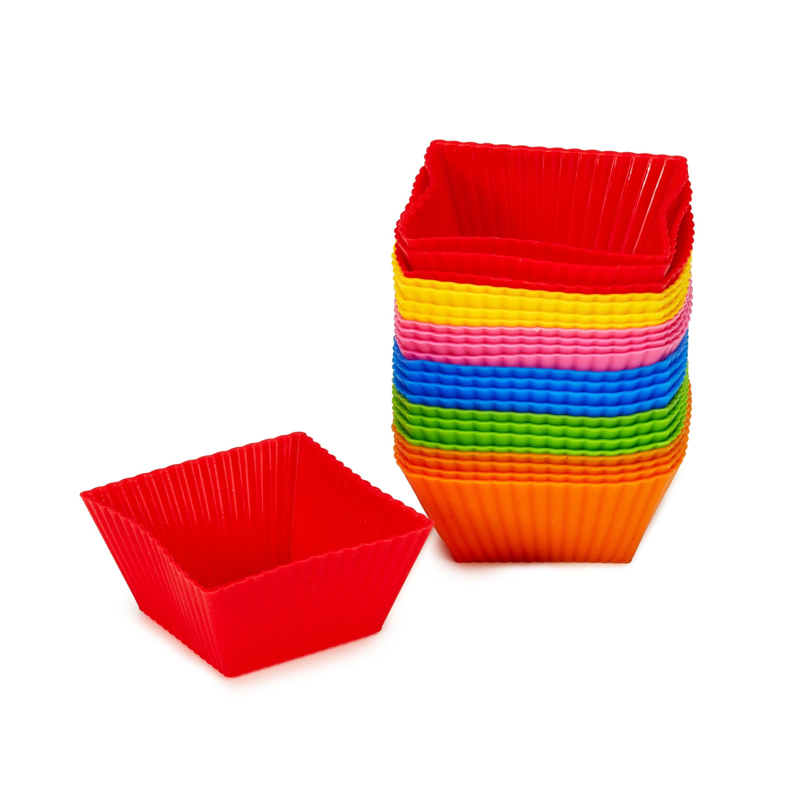 #1 Non Stick Square Silicone Cupcake Cups 24 Pack - Rainbow Bright Standard Silicone Reusable Heat Resistant Baking Cups - Cupcake Molds / Liners - 24 Count