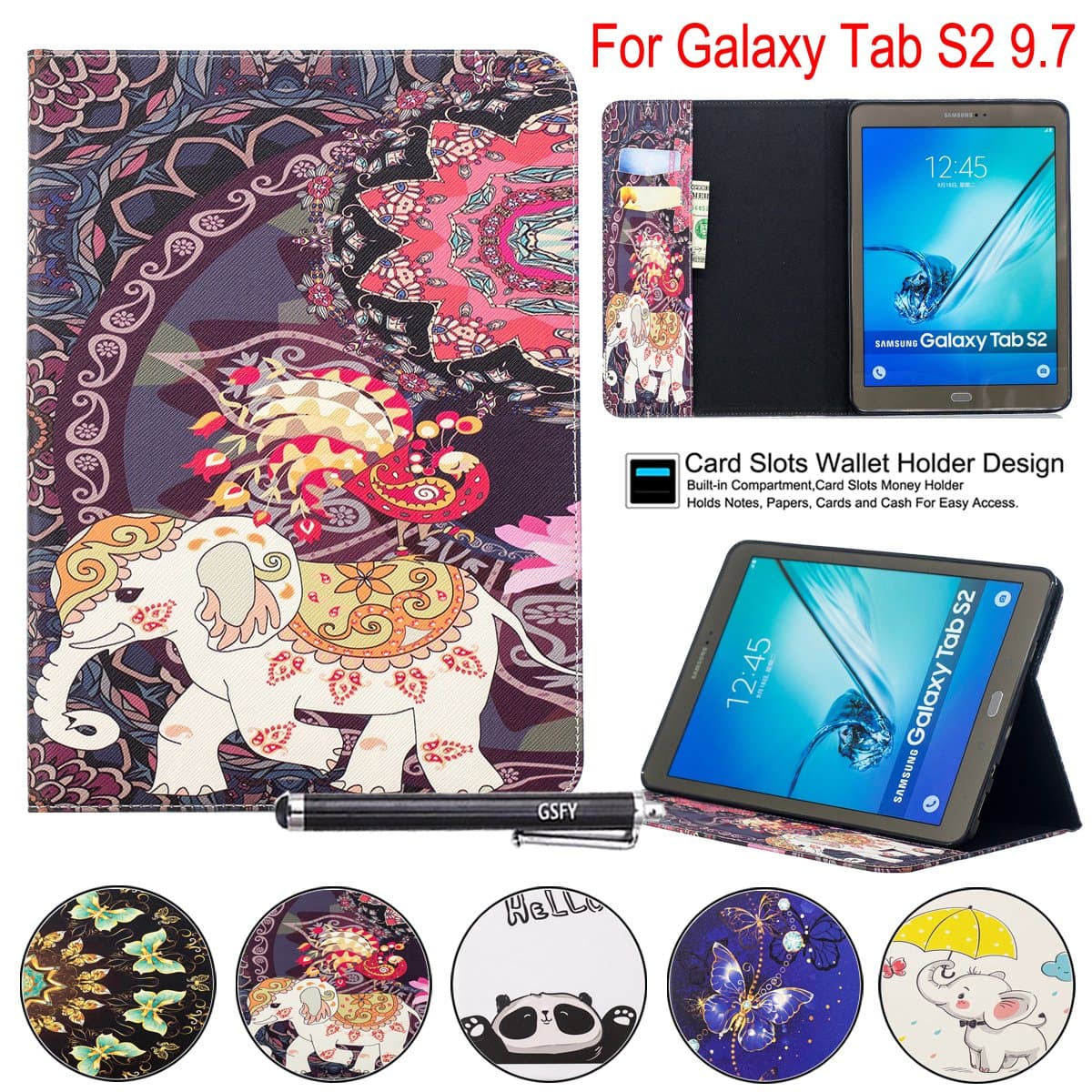 Galaxy Tab S2 9.7 Case, Newshine PU Leather Folio Wallet Stand Cover for Samsung Galaxy Tab S2 Tablet (9.7 Inch, SM-T810 T815 T813) - Elephant&Peacock