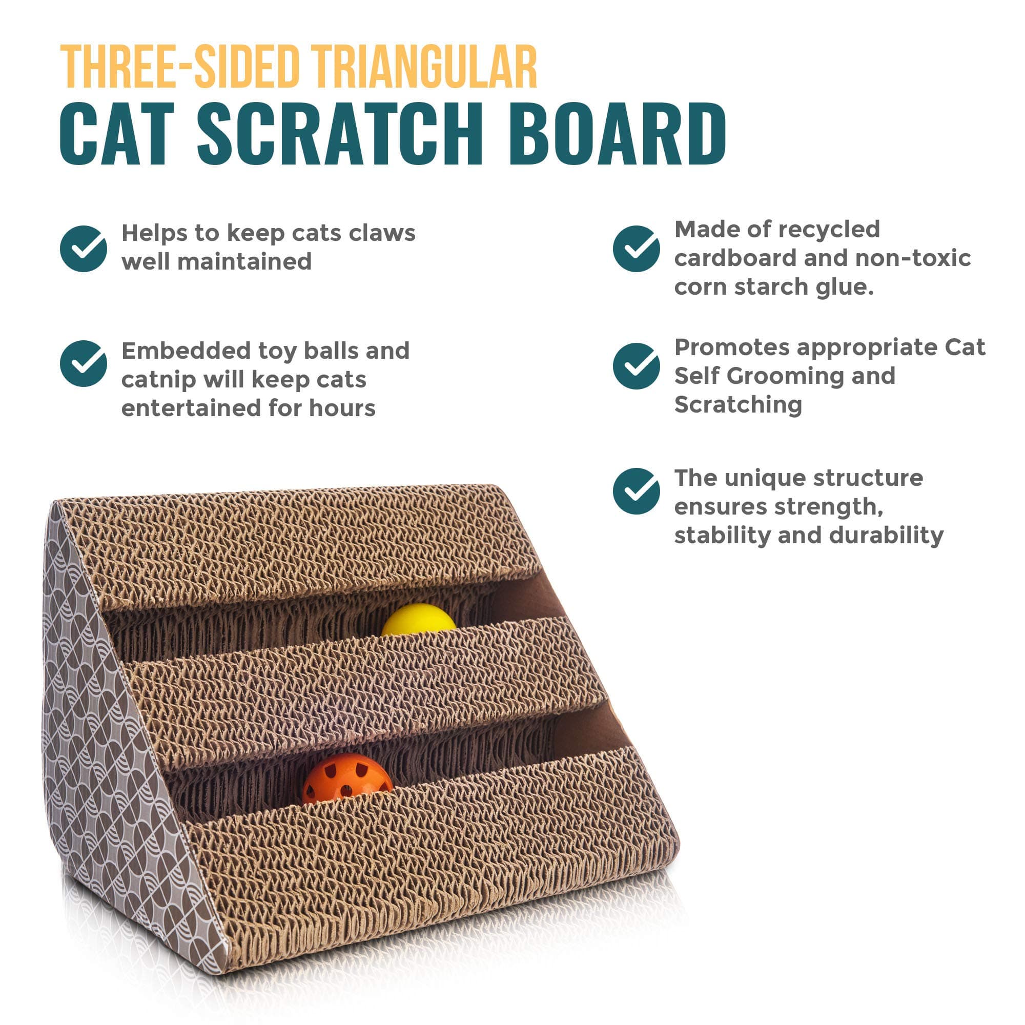 Petlicity Triangular Cat Scratch Post and Intelligence Toy with Cardboard Scratching Areas and Balls with Bells