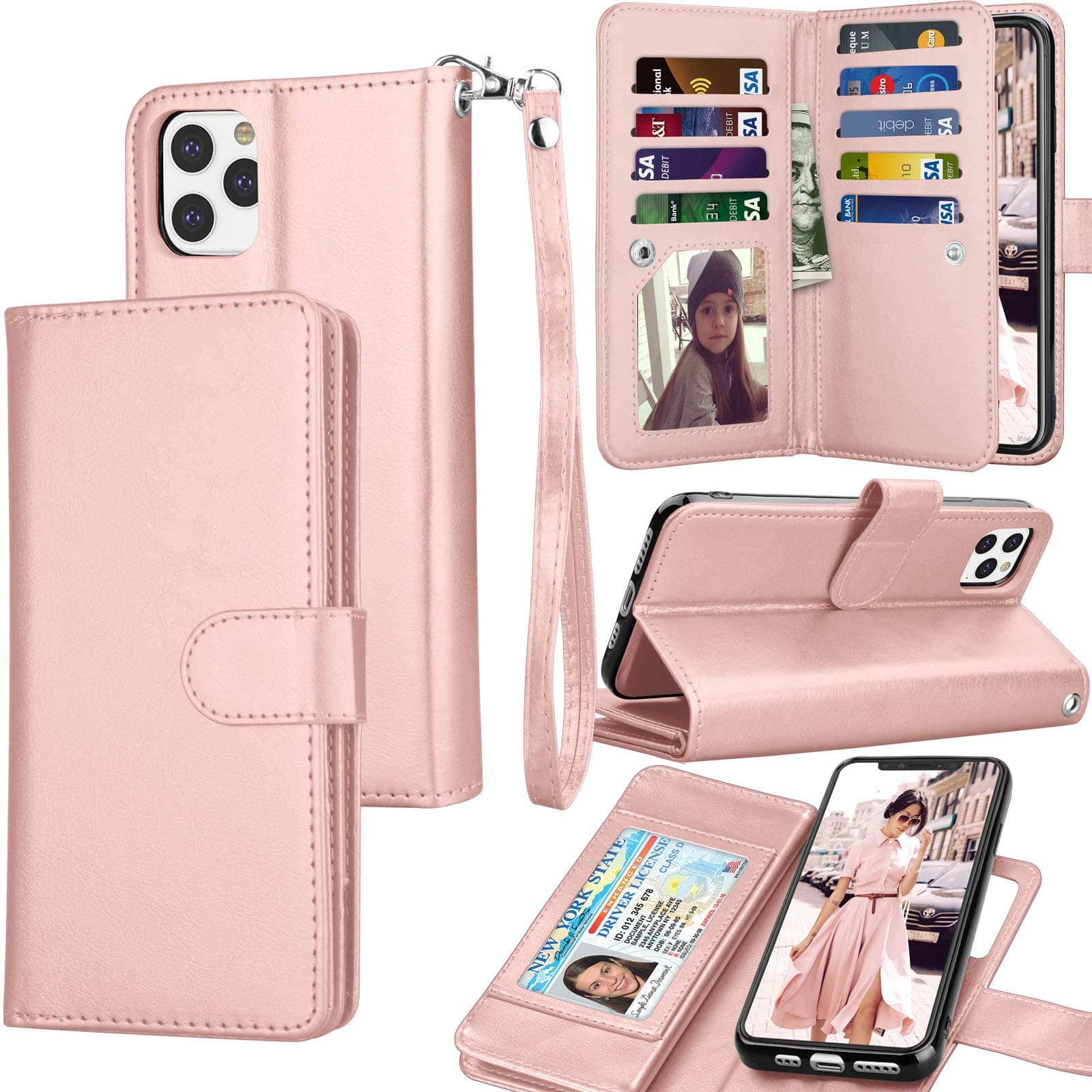 Eutekcoo Wallet Case for iPhone 11 Pro (5.8 inch) 2019 Luxury ID Cash Credit Card Slots Holder Carrying Pouch Folio Flip PU Leather Cover [Detachable Magnetic Hard Case] Lanyard - Rose Gold