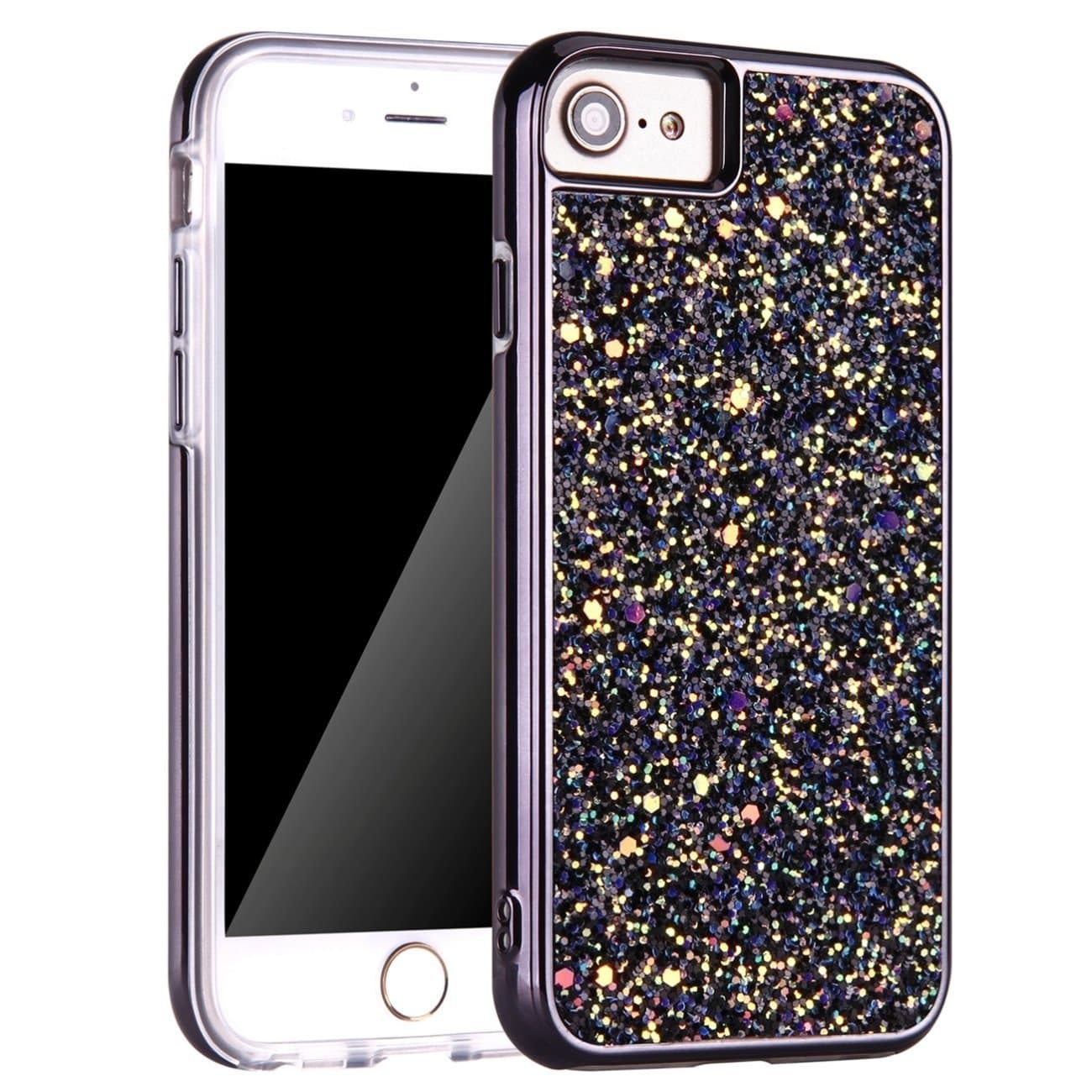 iPhone 7 Case, iPhone 8 Case, Bling Sparkly Glitter Shockproof Dual Layer Design [Hard PC Back, Soft TPU Inner] Protective Cover with Lanyard for iPhone 6/6s/7/8 4.7 Inch (Black)