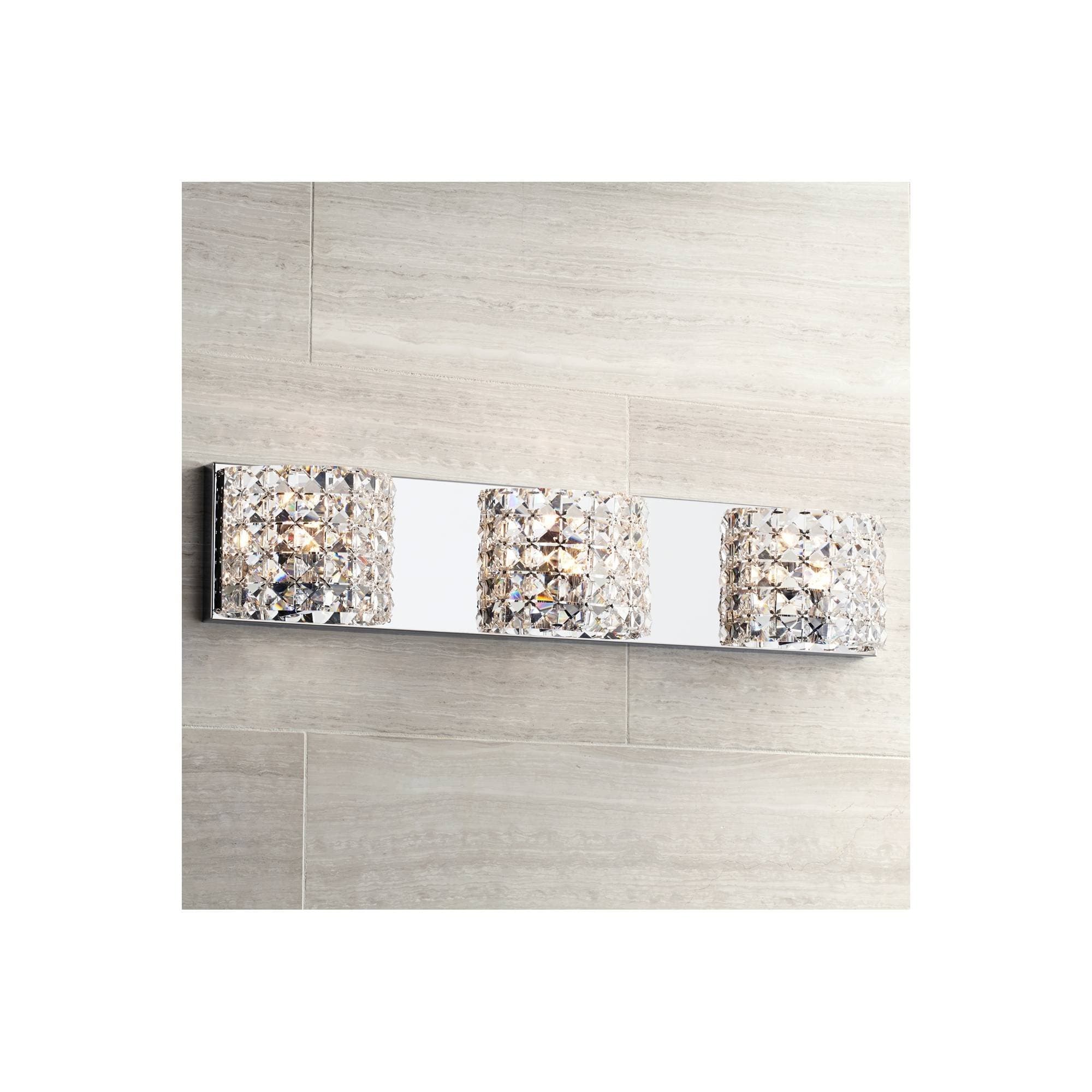 Cesenna Modern Wall Mount Light Chrome Silver Metal Hardwired 25 1/2" Wide 3-Light Fixture Clear Crystal for Bathroom Vanity Mirror House Home Room Decor - Vienna Full Spectrum