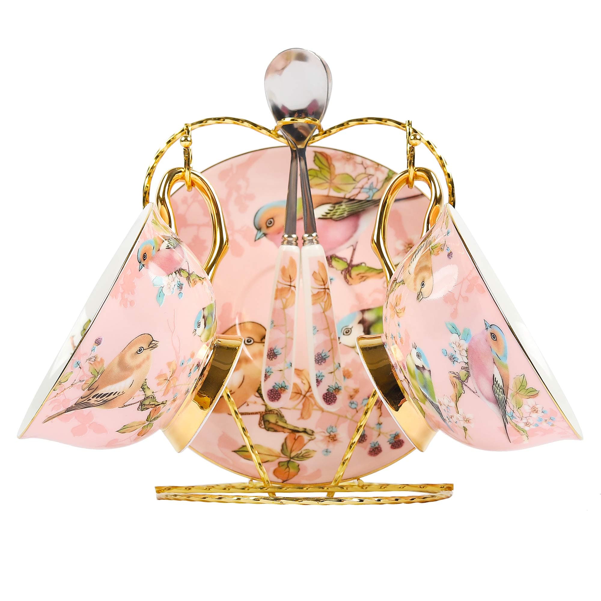 Aonewoe 6-Pieces Ceramic Coffee&Tea Cup Set Bone China Cup Saucer Spoon Set with Golden Metal Stander for Breakfast Home Kitchen Pink Bird