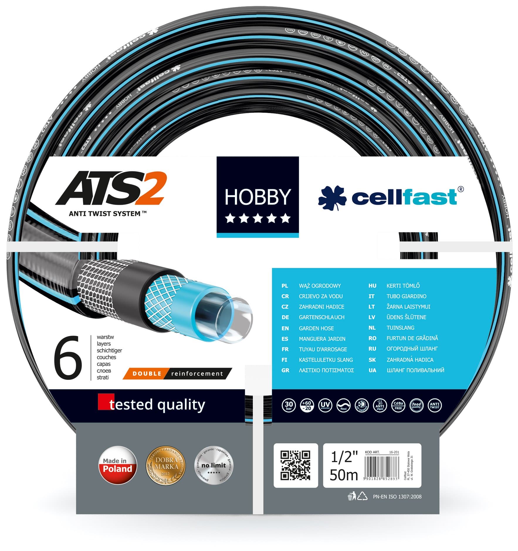 Cellfast Garden Hobby ATS2, Flexible 6-Layer Hose, Double Braid with Cross and Tricot Fabric, 30 Bar Burst Pressure, Black/Blue, 50m x 1/2 inch