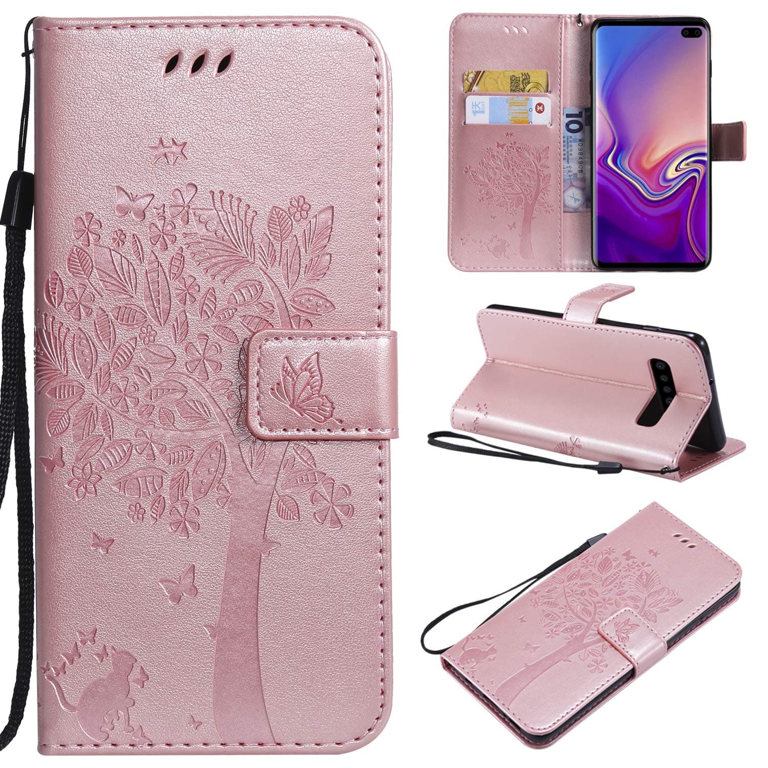 Galaxy S10 Plus Case,Samsung S10 Plus Case,Wallet Case,PU Leather Case Floral Tree Cat Embossed Purse with Kickstand Flip Cover Card Holders Hand Strap for Samsung Galaxy S10 Plus Rose Gold