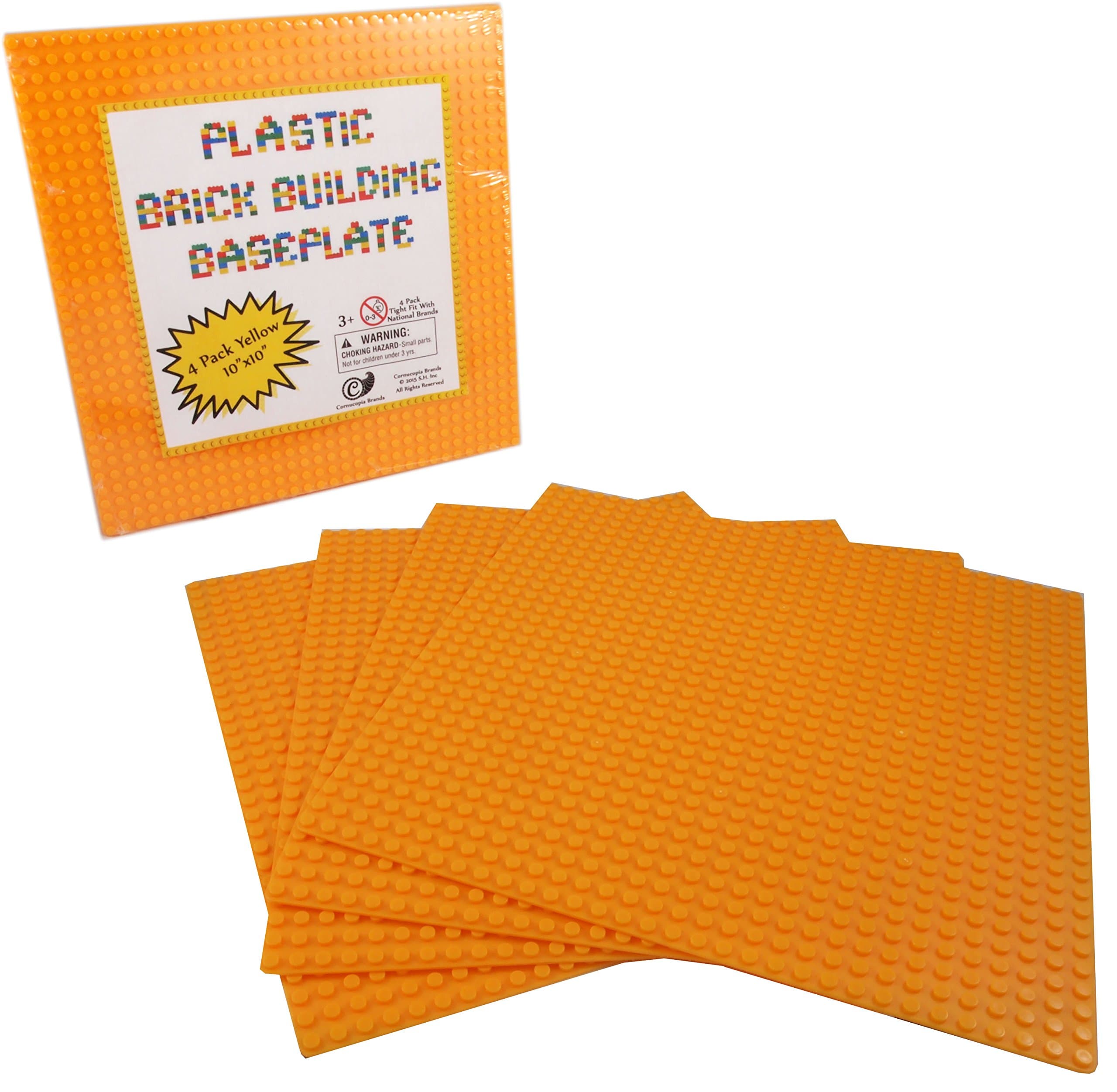 Yellow Plastic Brick Building Base Plate (4 Pack), Large 10"x10" Baseplate LEGO Compatible