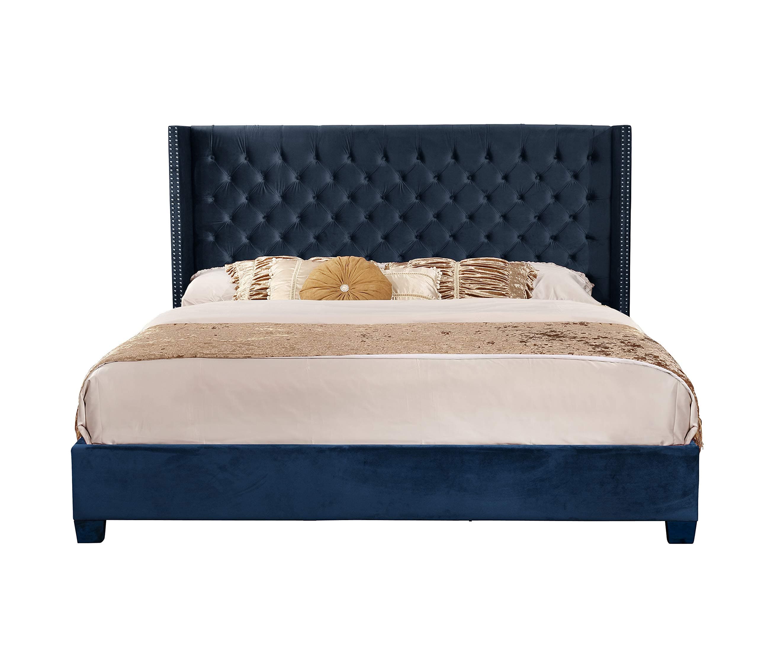 NHI Express Contemporary Velvet Upholstered Deep Button Tufting Solid Frame Platform Bed With Wood Slats King/Queen Size, Blue