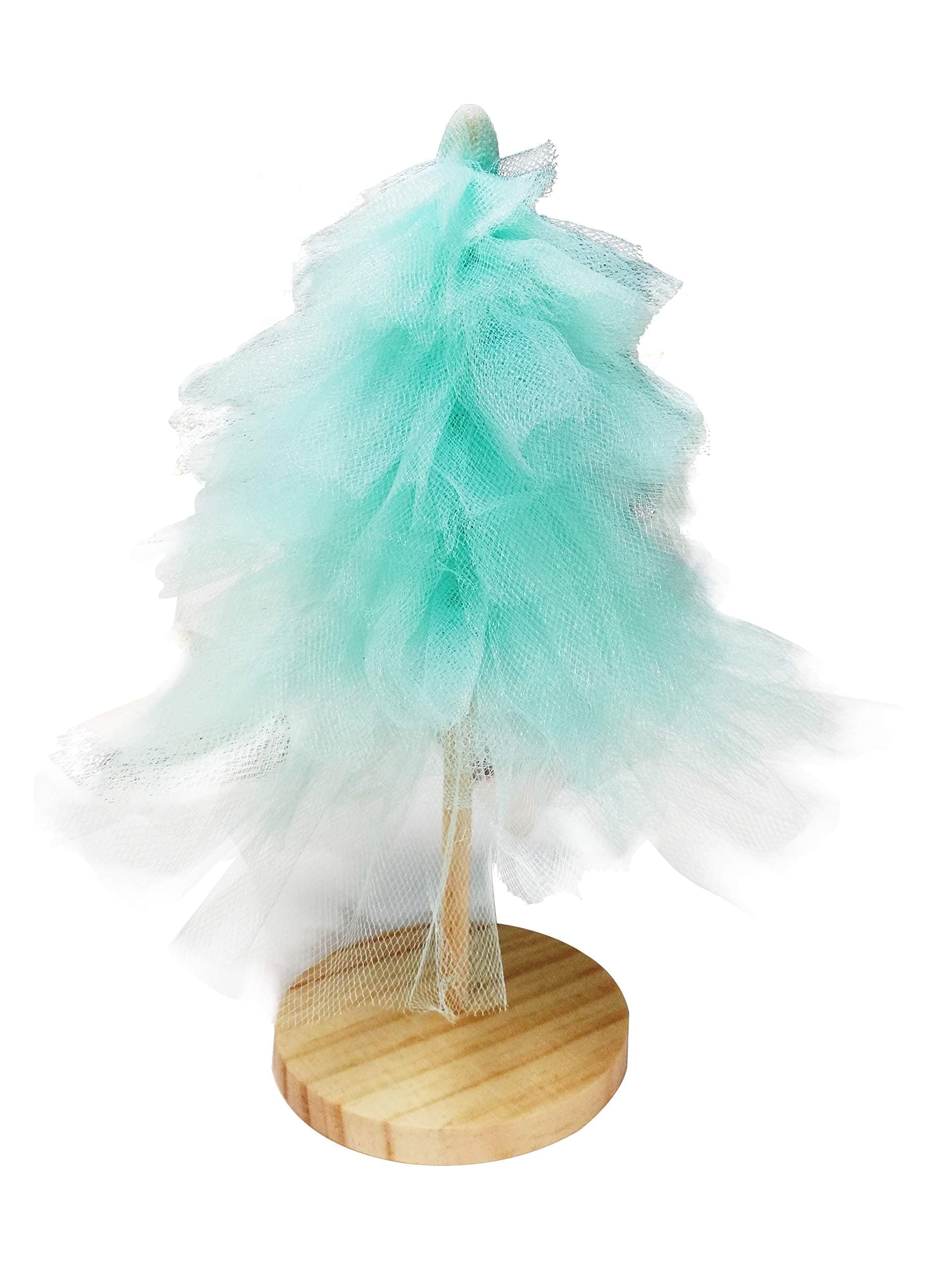 7 SEVENTOPIA Romantic Artificial Xmas Tree Mesh with Wood Base, Mini Tabletop Christmas Tree Indoor Holiday Decoration (Tiffany Blue, 9 7/8IN)