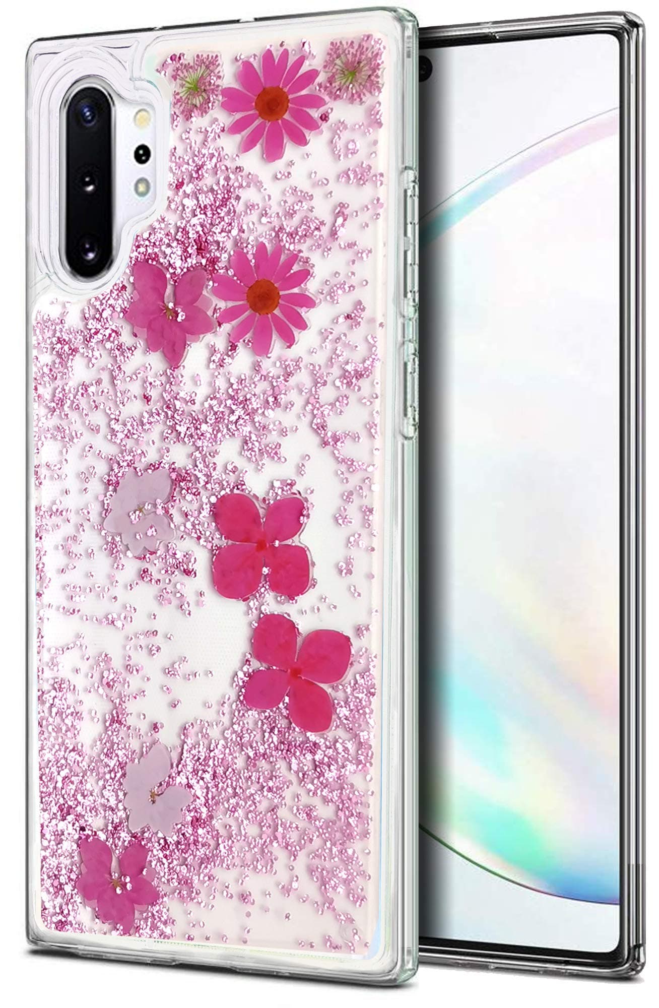 VenSen Waterfall Flower Case for Samsung Galaxy Note 10 + Plus 5G Clear Soft TPU Liquid Quicksand Bling Sequin Sparkle Glitter Bumper Girl Women Cover for Note10Plus Note10+ (Pink)