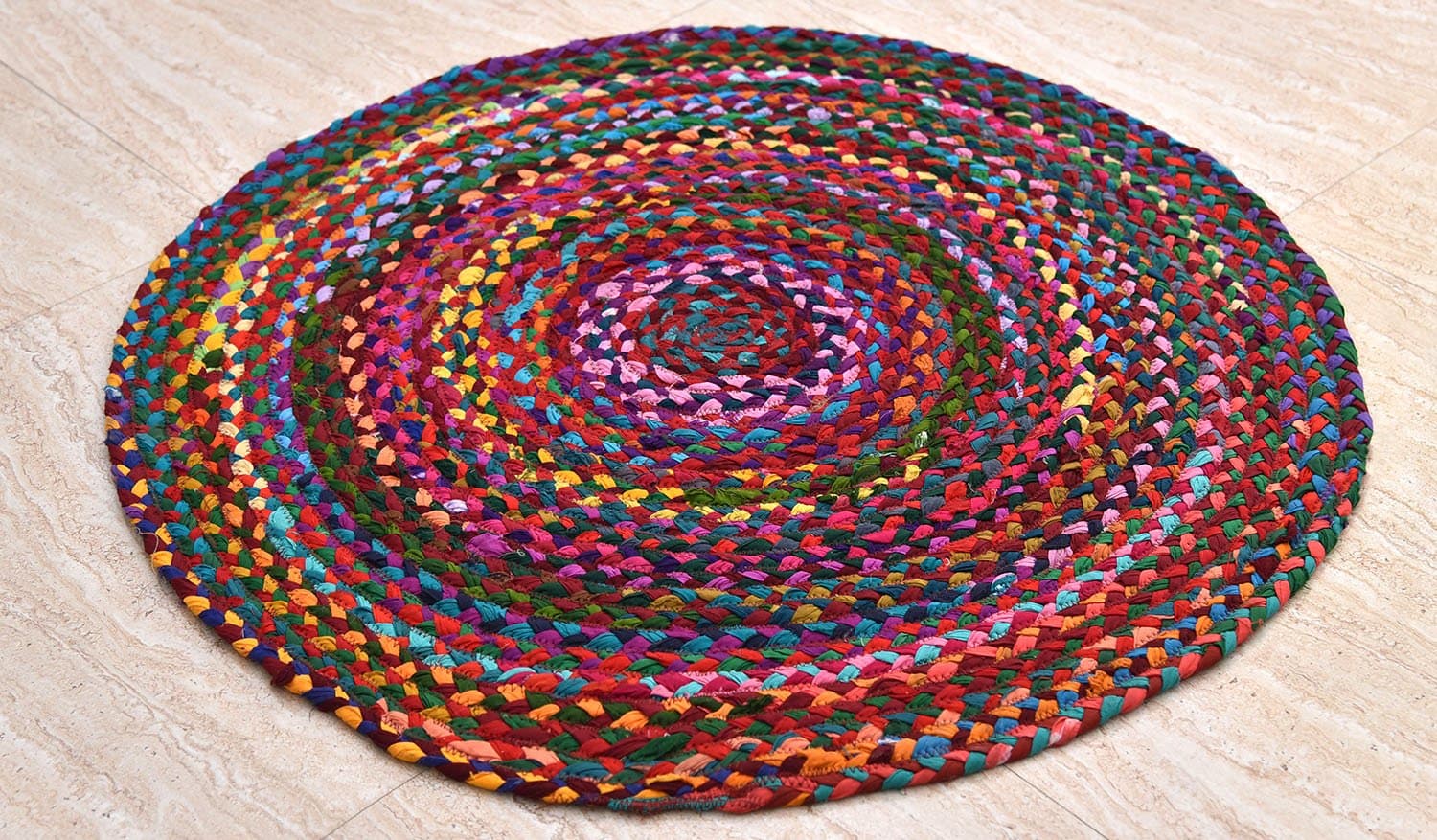 Hand Woven Reversible Cotton Red with Multi Color Braid Rag Rug - 3 Feet Round - This Rug is made from multi color re-cycled yarns, actual product may vary in color from the image shown
