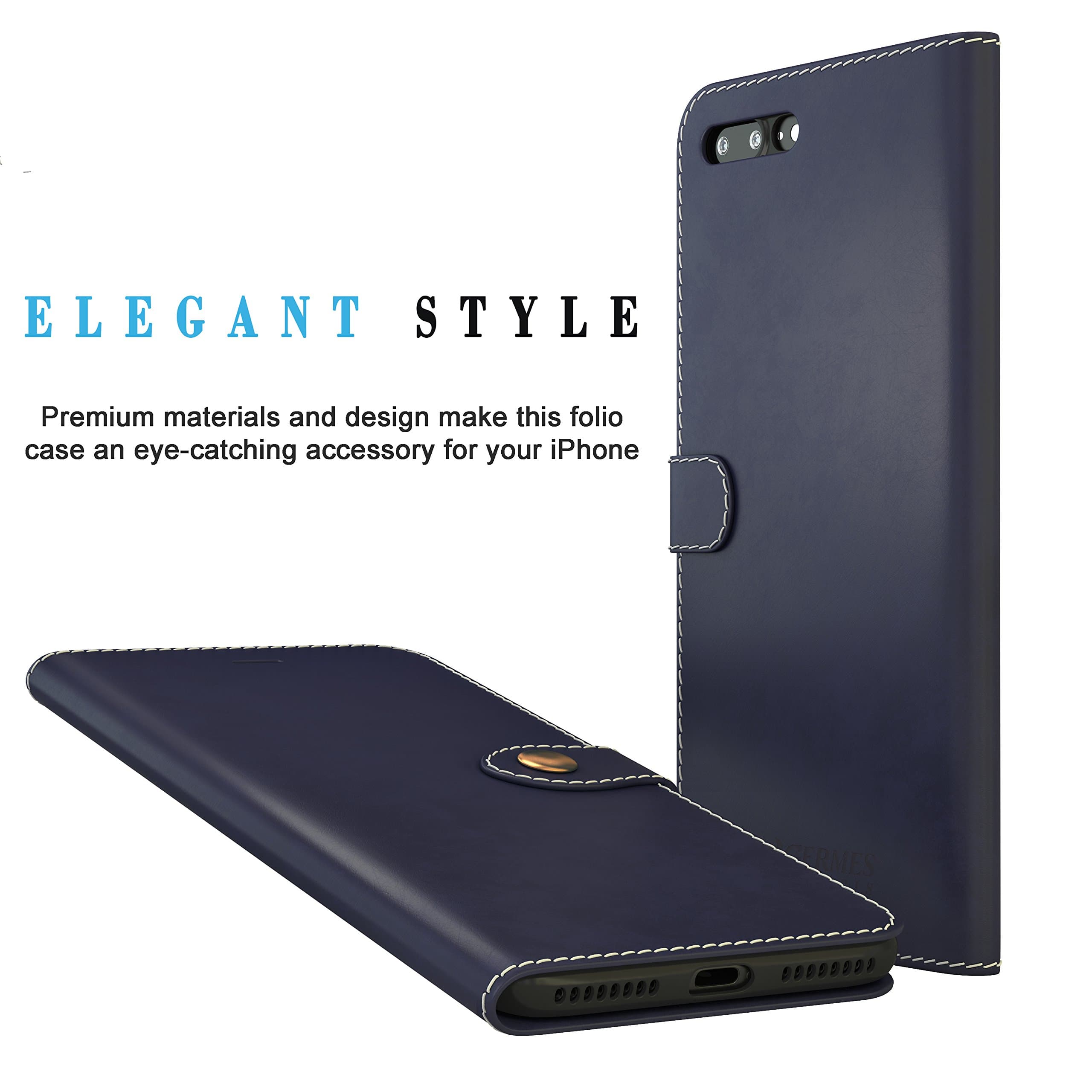 Genuine Leather iPhone 7 Plus Case w/Built in Wallet Credit Card Holder | Designer Cell Phone Case with Snap Closure | Edge-to-Edge Protection | Shock & Dust Resistance (Blue)