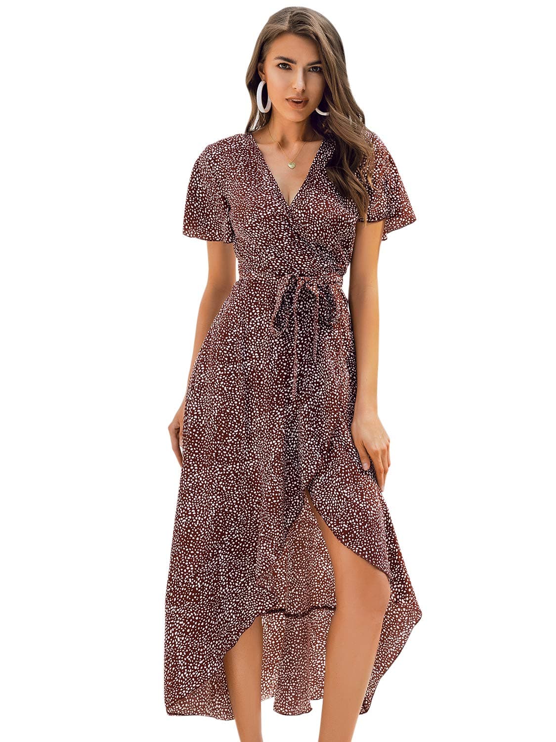 Simplee Women's V Neck Wrap Polka Dot Split Belted Flowy Boho Short Sleeve Beach Maxi Dress