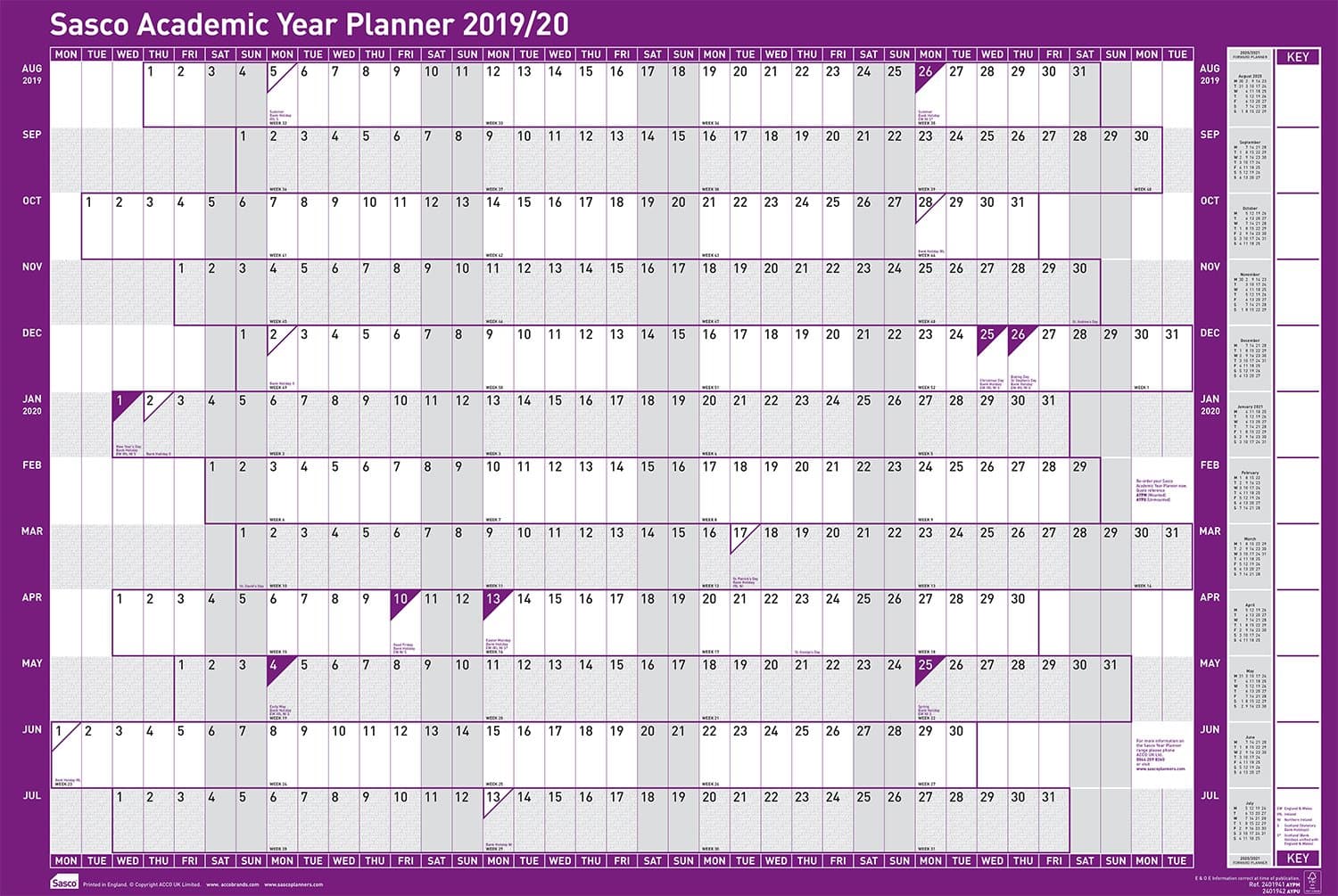 Sasco 2019-2020 board mounted academic wall year planner