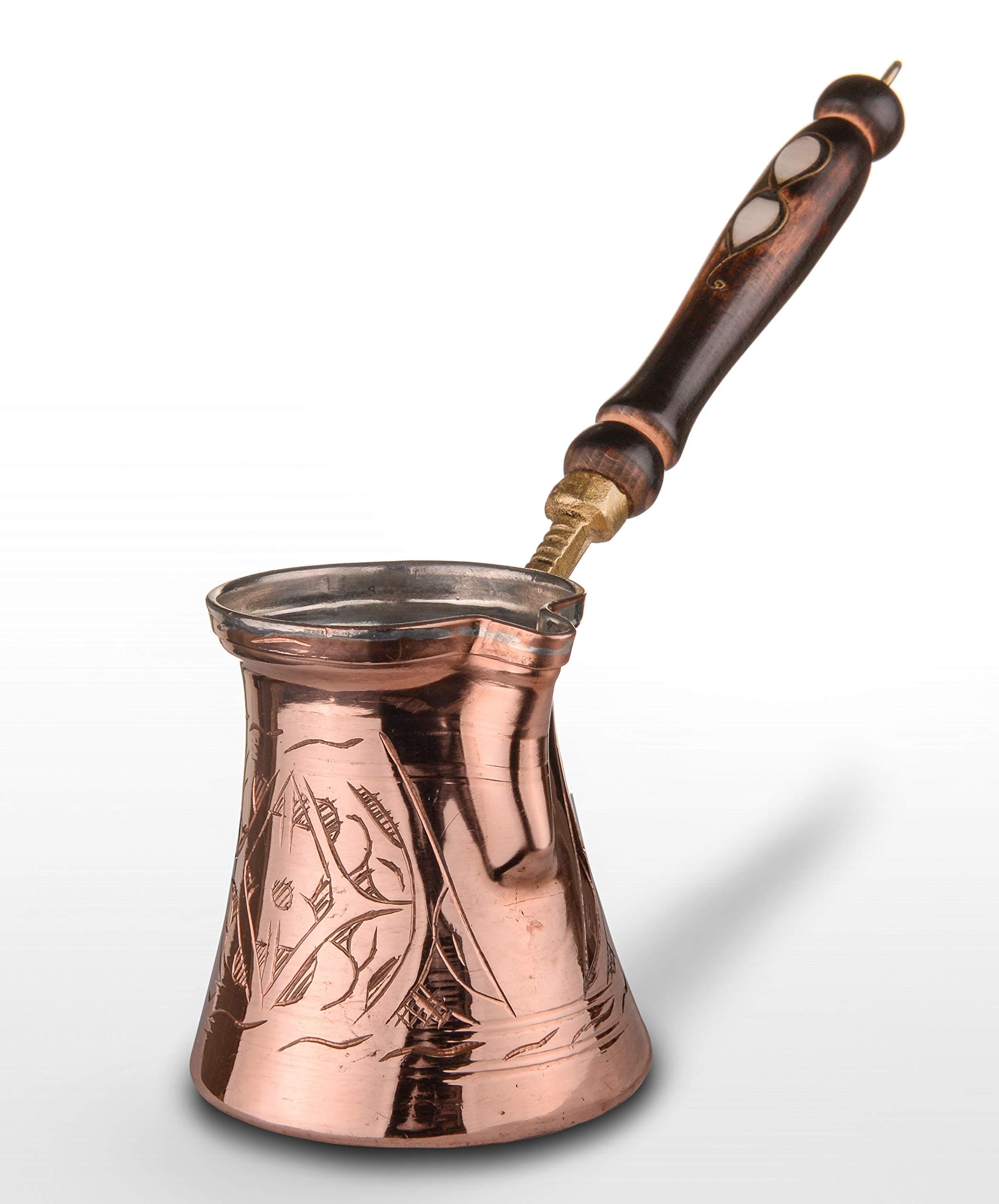 Thickest Premier Engraved Solid Copper Turkish Greek Arabic Coffee Pot Cezve Ibrik Briki with Wooden Handle, Thick 1,5 mm (Large - 11 Oz)