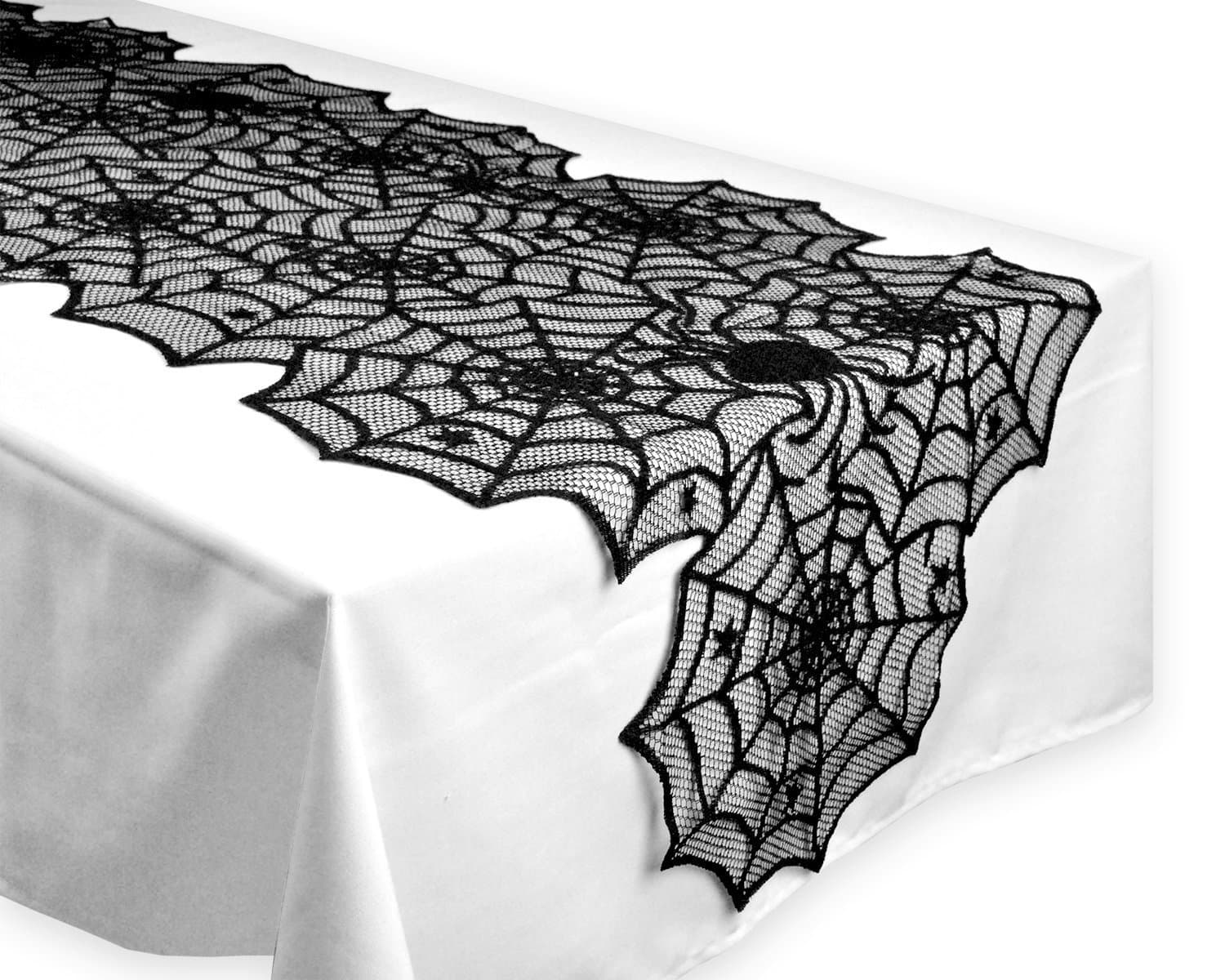 Moolecole 18'' x 72'' Polyester Black Lace Table Runner Halloween Spider Web Tablecloth Mat for Halloween Parties and Dinner Decor