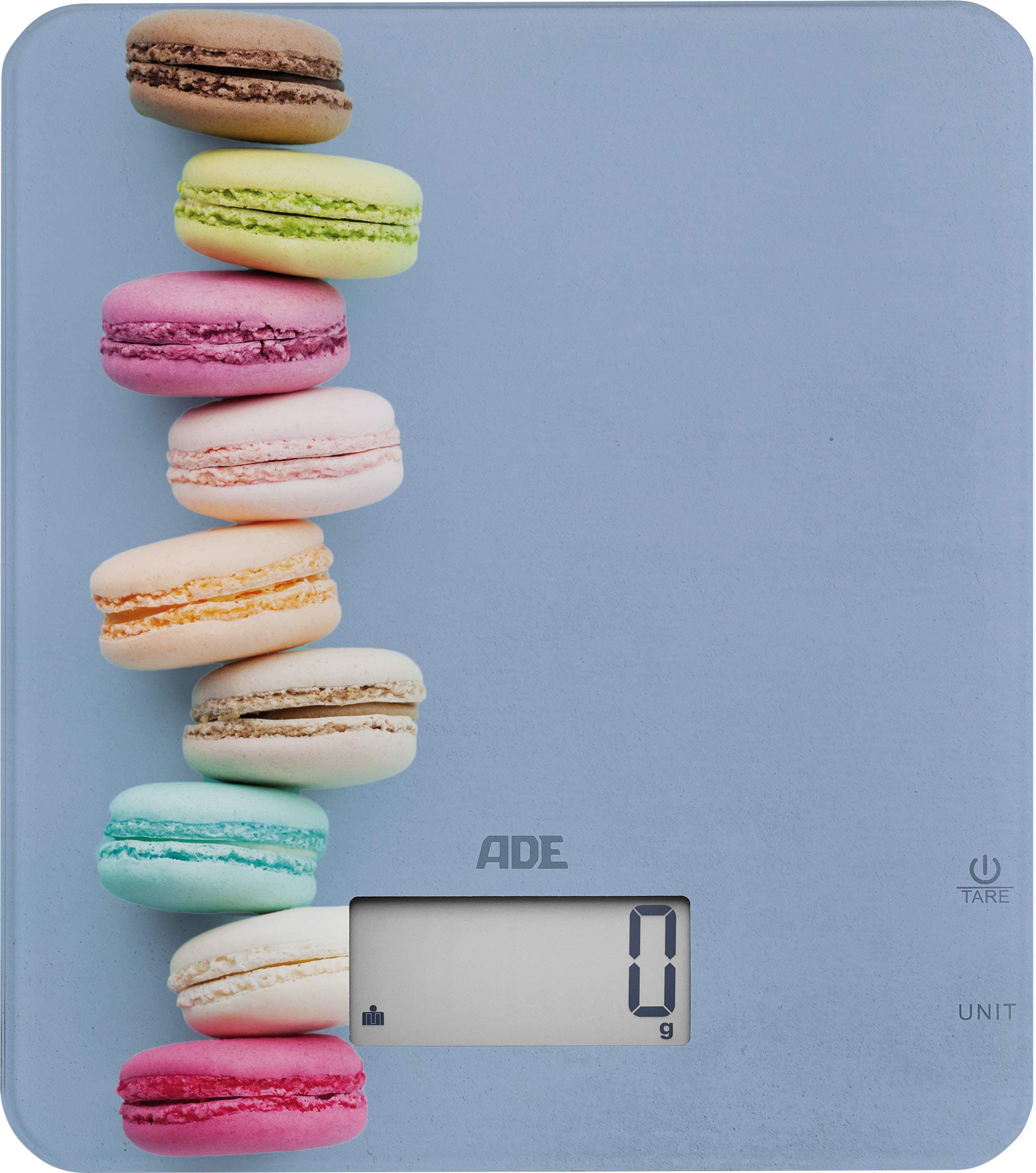 ADE KE1718 Lucy Digital kitchen scale. Elegant design with macarons. Precise measurements up to 5kg. Safety glass surface. Easy to store: only 1.8cm. Batteries incl.