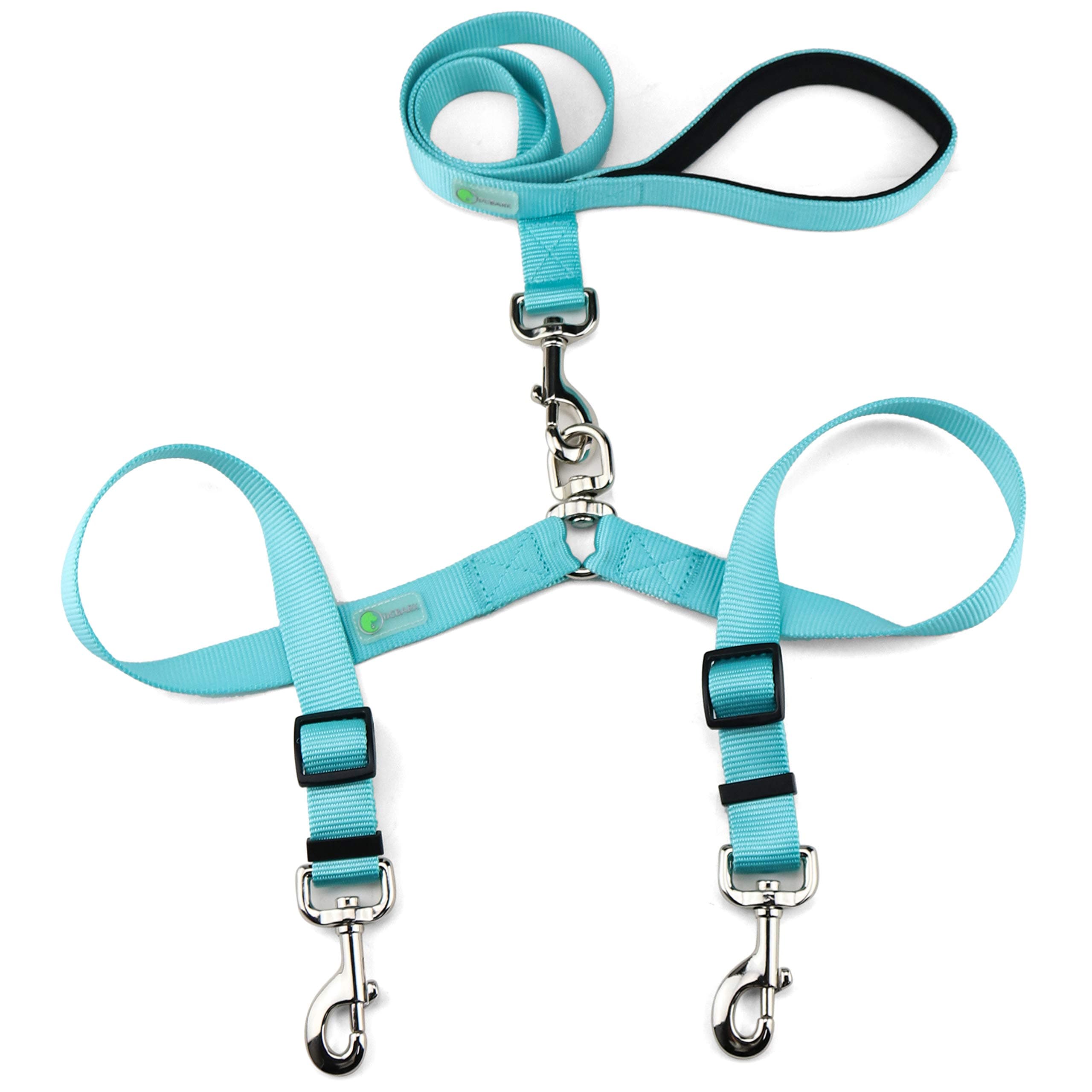 DCBARK Tangle Free Double Dog Leash, No Tangle Adjustable Length Lead with Comfortable Padded Handle for 2 Dogs (M, Turquoise)
