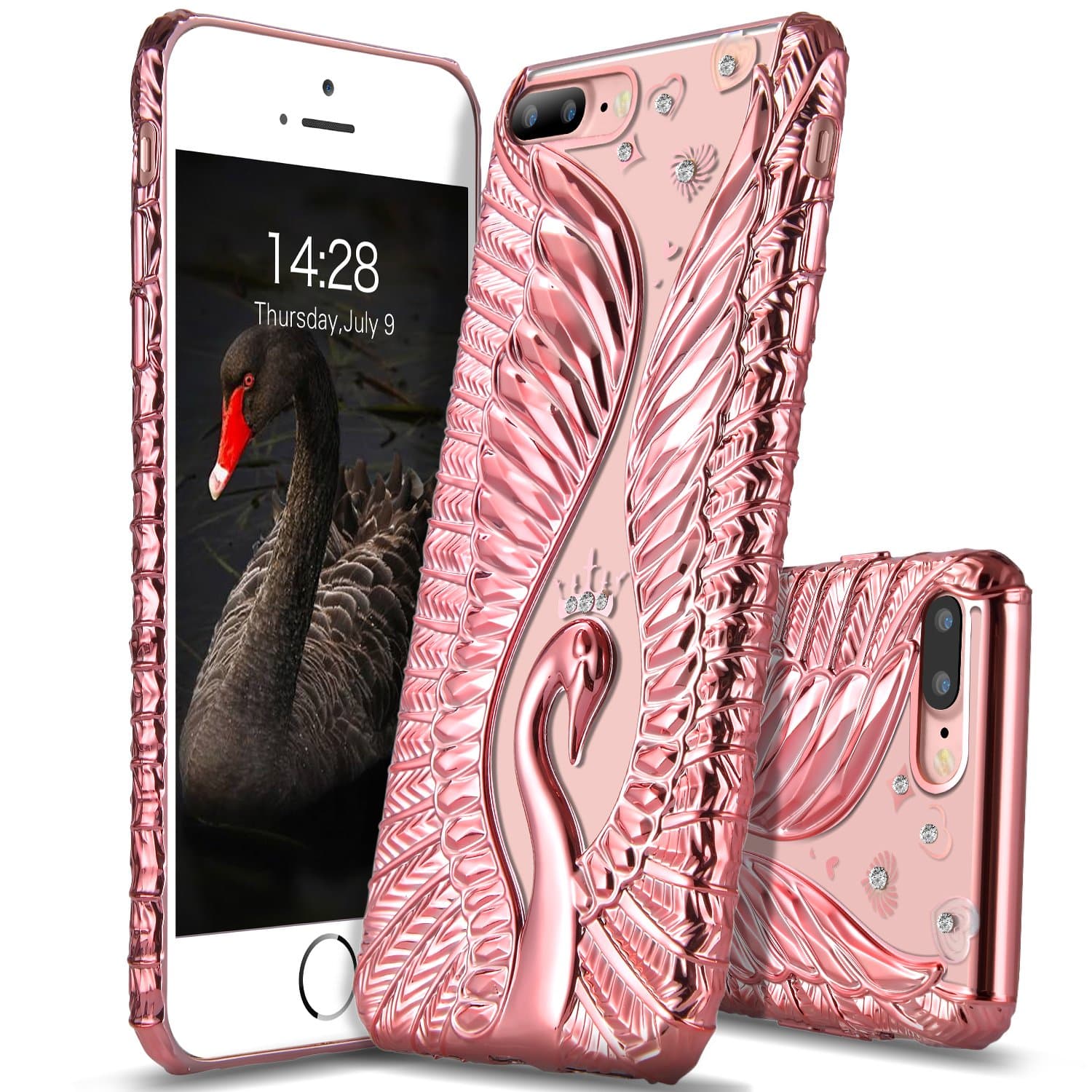 iPhone 8 Plus Case, Sankmi Bling Swan Swing Slim Flexible Soft TPU Rubber Cases Protector for iPhone 7 Plus 5.5 Inches (Rose Gold)