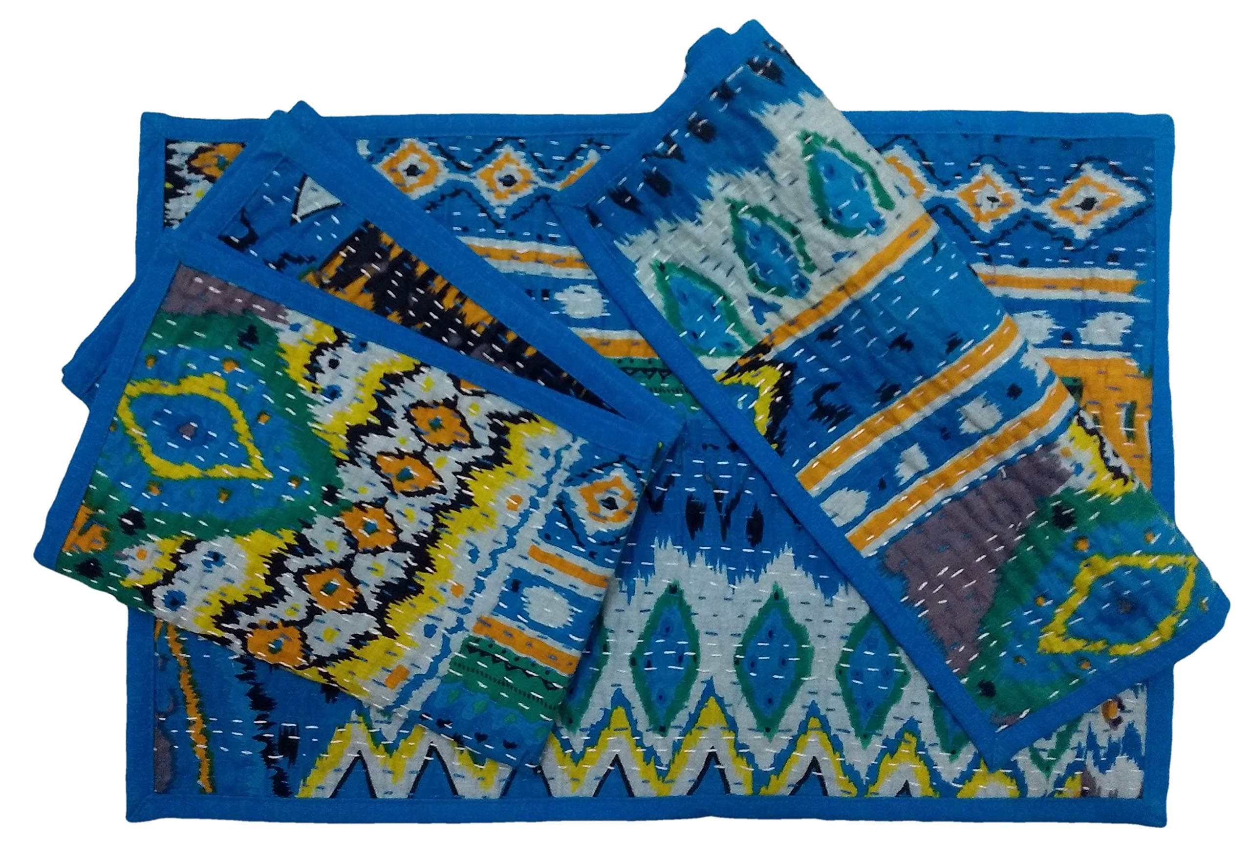 AGASVI Cotton Table Mats for Dining Table 4Pcs Dining Table Placemats Red Ikat Kantha Embroidery Dining Table Mat 19 x 13 Inch Turquiose