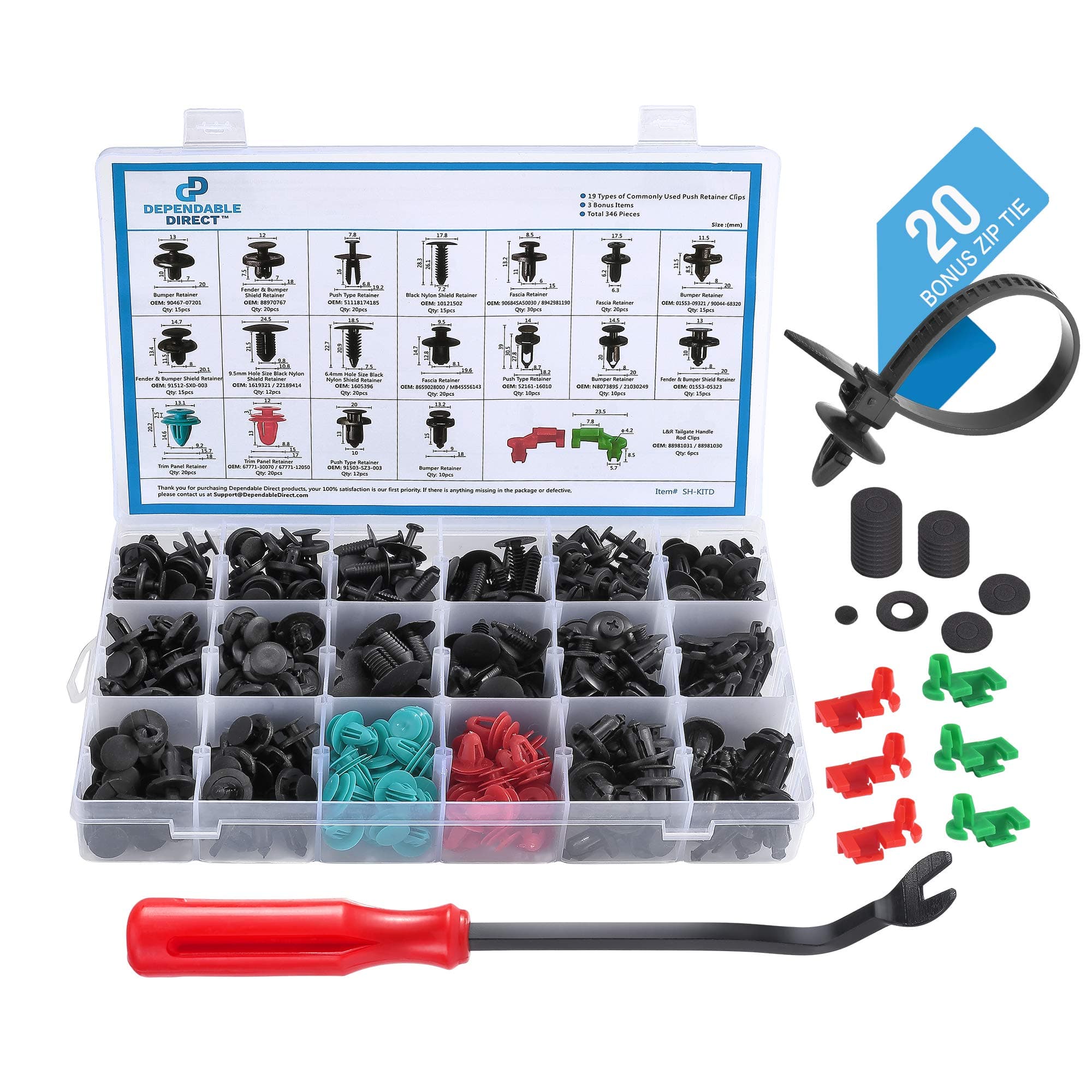 Dependable Direct (346 Piece) Push Pin Rivets - Solution Kit - Auto Body Clips, Car Trim Fasteners, Tailgate Handle Rod Compatible w/ Ford Toyota GM BMW Honda Acura Lexus Subaru Buick w/ Storage Case