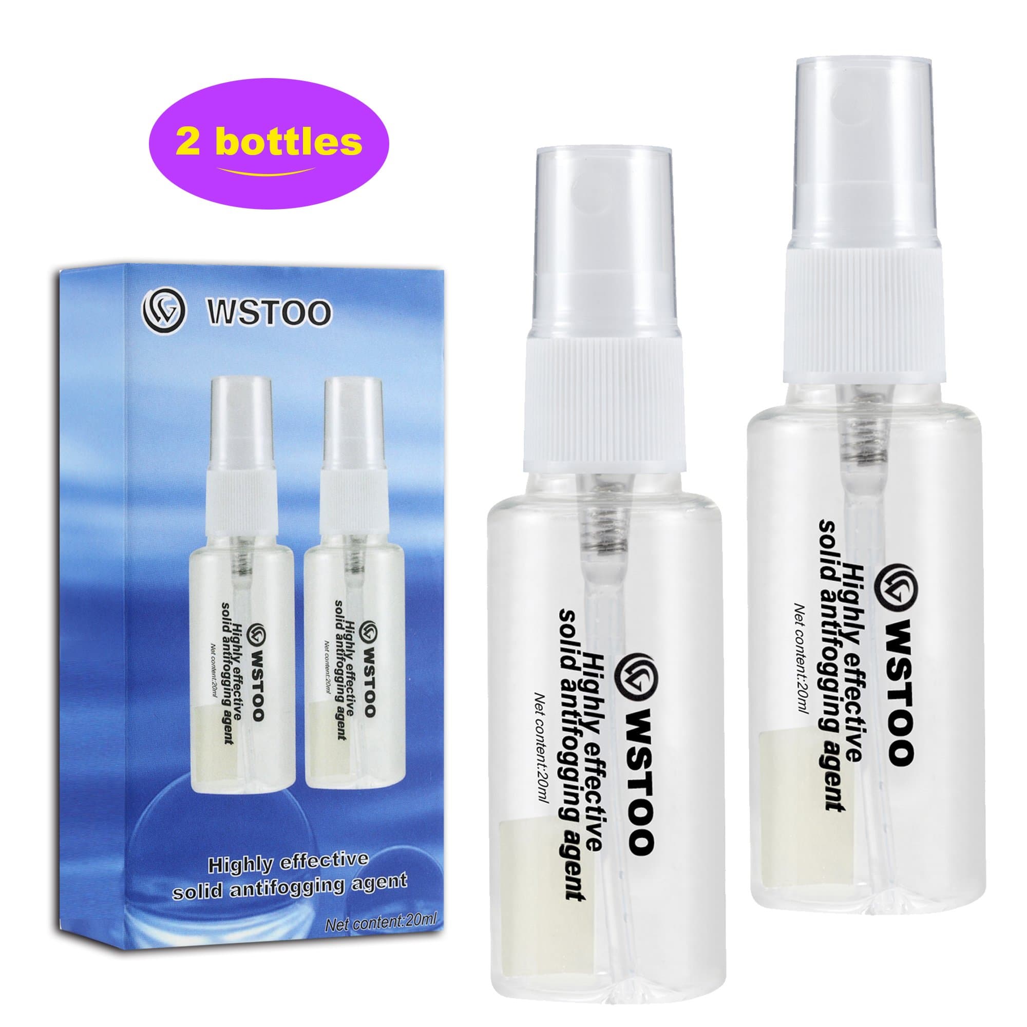 W WSTOO Efficient Solid Antifog Spray for Diving Masks/Swim Goggles/Ski Mirror/Mirror 2 Bottles (1 Pack)