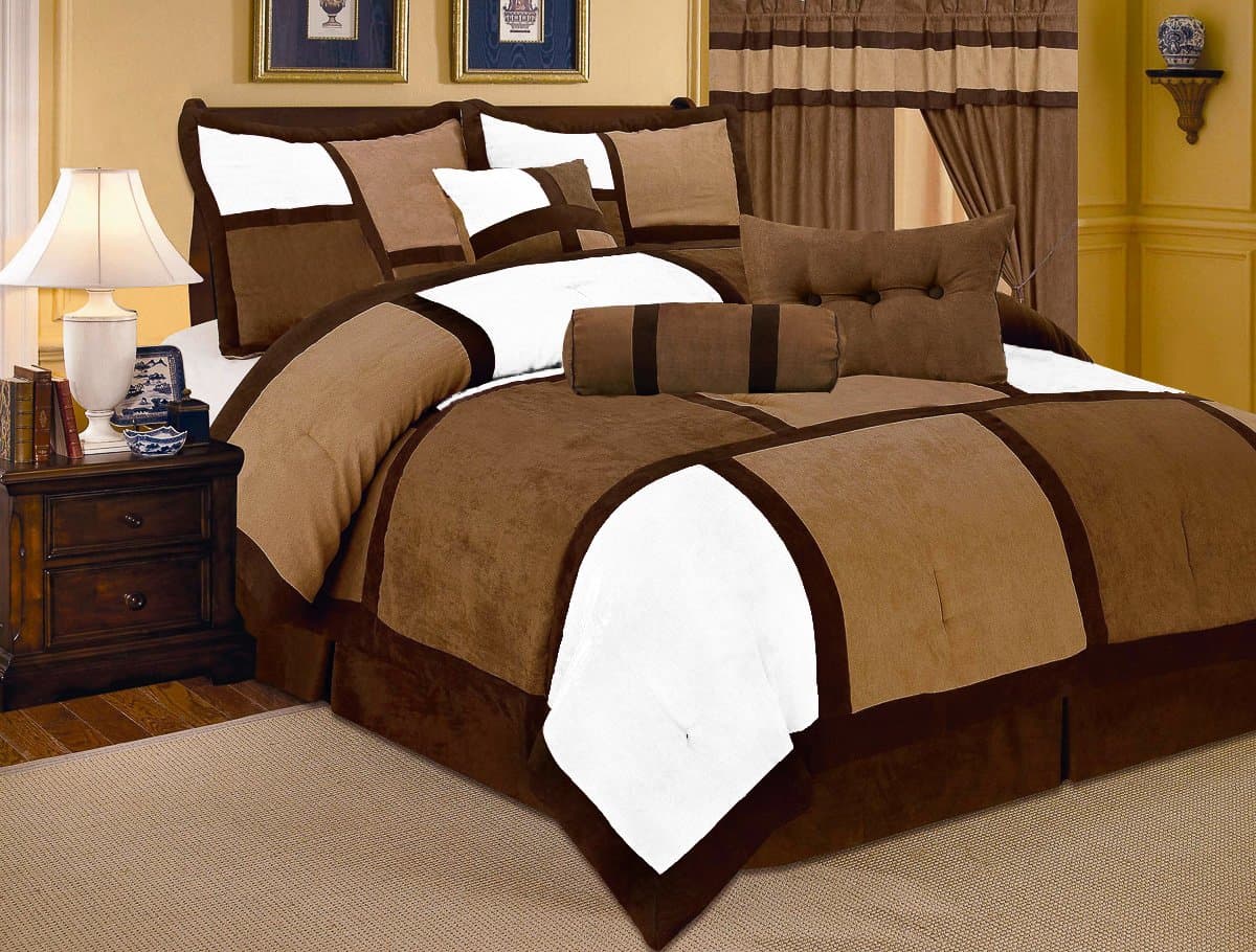 7 Piece Patchwork Micro Suede Burgundy / Brown, White / Brown Tan Plush Comforter Set, Queen, King, Cal King (Queen, White)