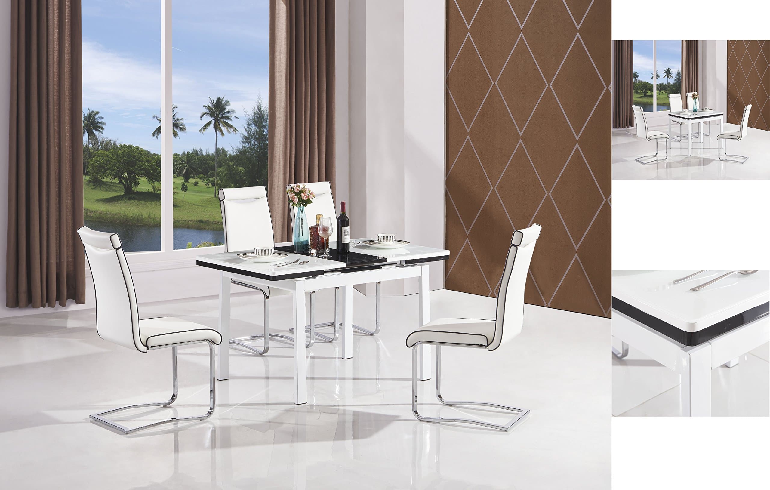 7Star White Extending Husty Dining Table with 6 Chairs, MDF with Glass Top Metal Frame Table and 4 Faux Leather Dining Chairs with Chrome Frame. Available in Black & White (With 6 Chairs, White)