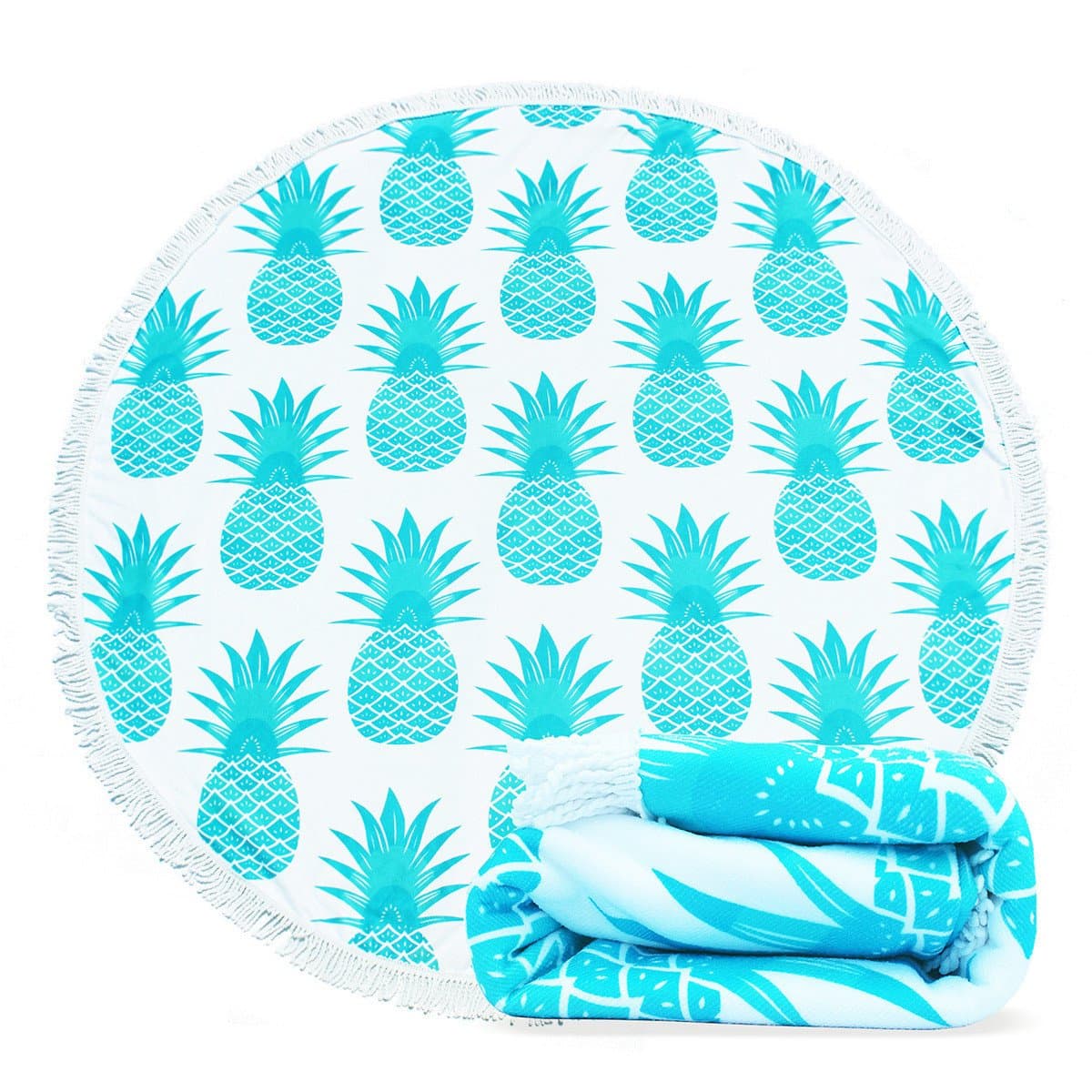 Epy Huts Large Round Beach Towel Pineapple Pattern Smooth Feeling with Tassels, Breathable Blanket for Beach/Indoor/Outdoor 59 Inch, Teal