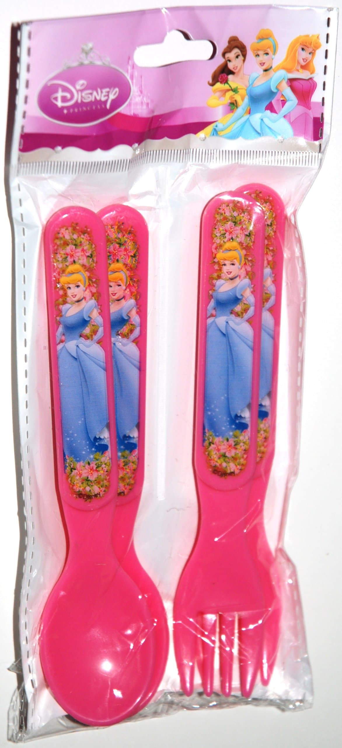 Disney Princess Pink Plastic Flatware Set Featuring Cinderella, 2 Forks and 2 Spoons (1 Pack)