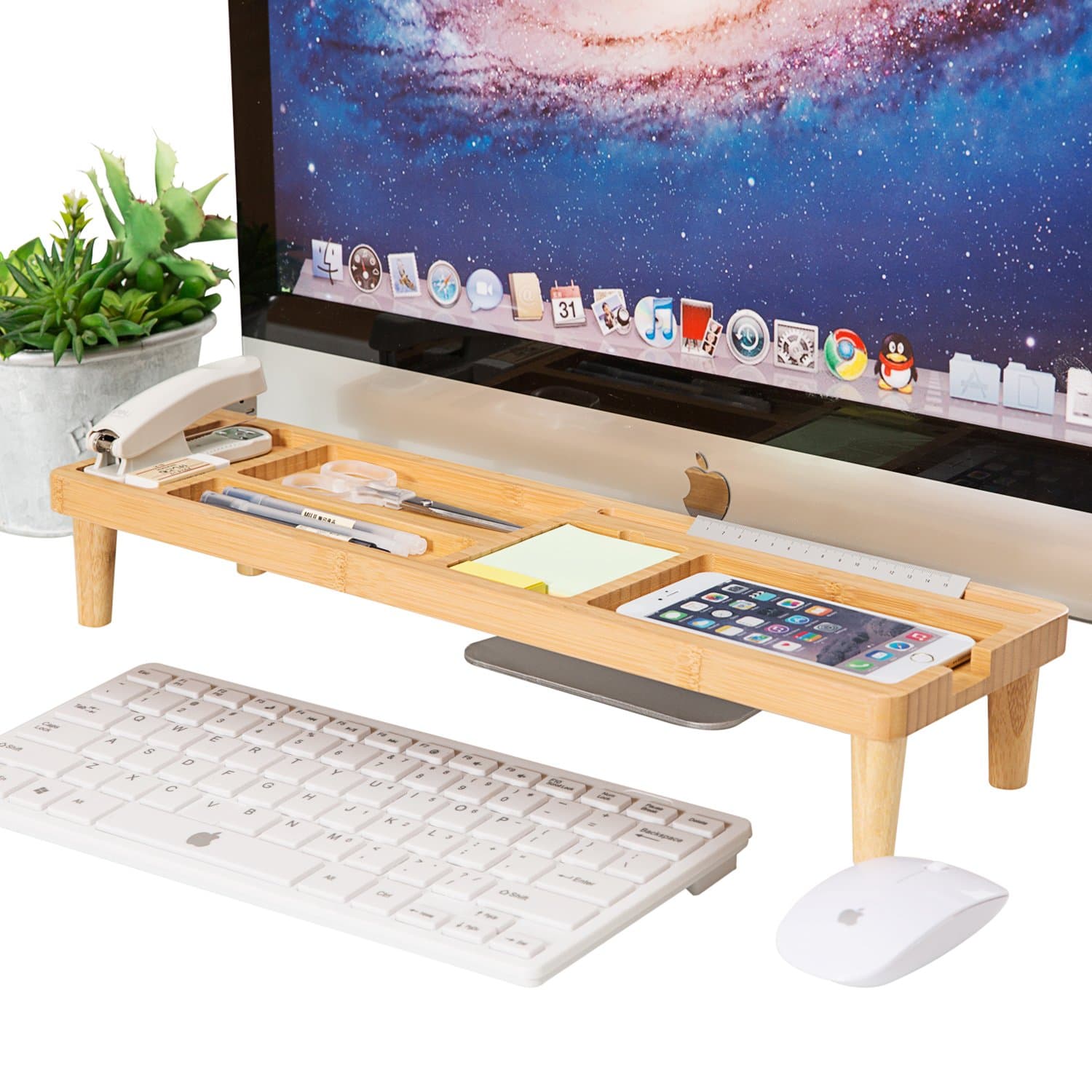 Saving Bamboo Desk Organiser, AhfuLife® Small Objects Storage Keyboard Commodity Shelf with 6 Compartments Anti dust Shelf Over Keyboard for Smartphone, ipad, notepads, and More